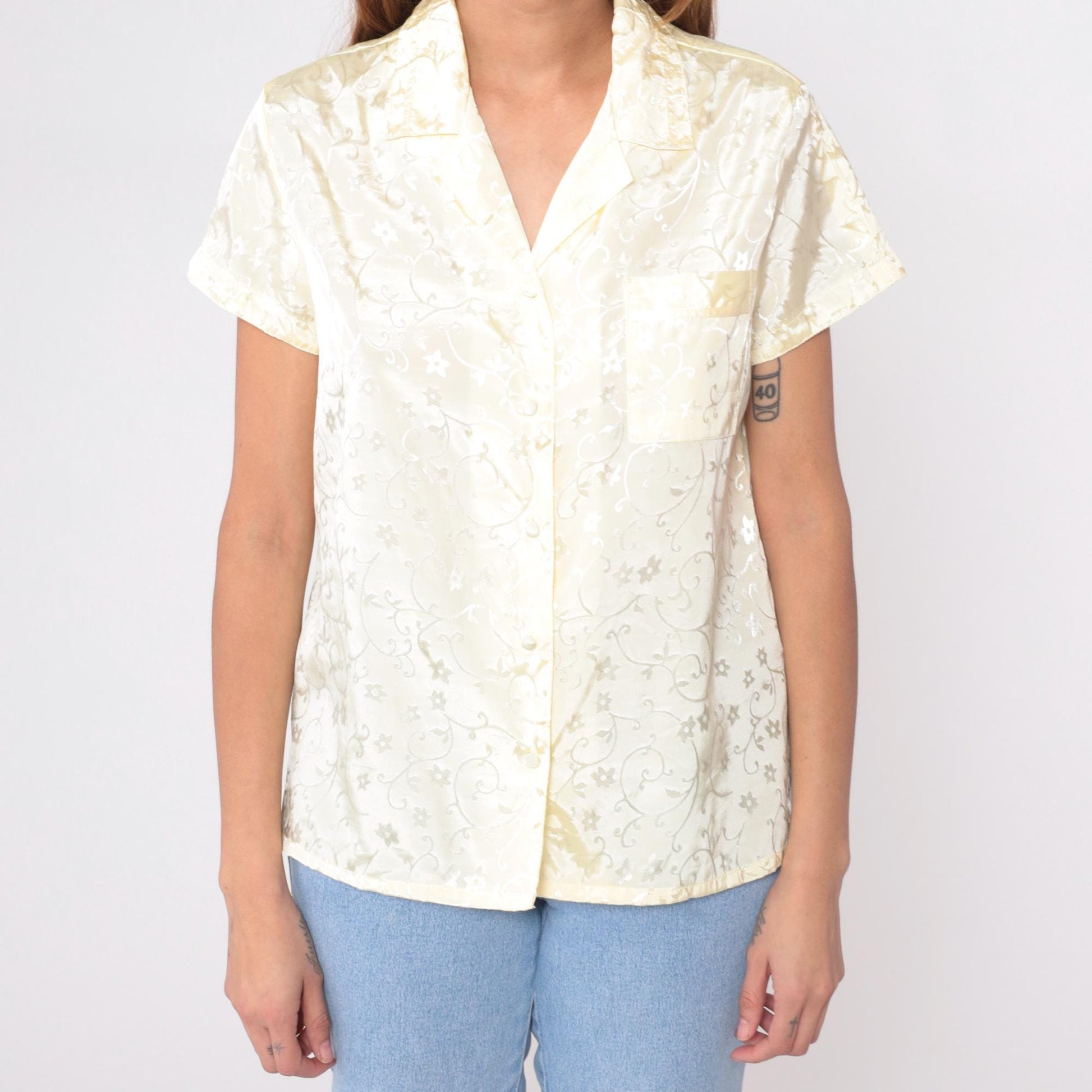 90s Cinema Etoile Cream Floral Button Blouse Short Sleeve Medium M