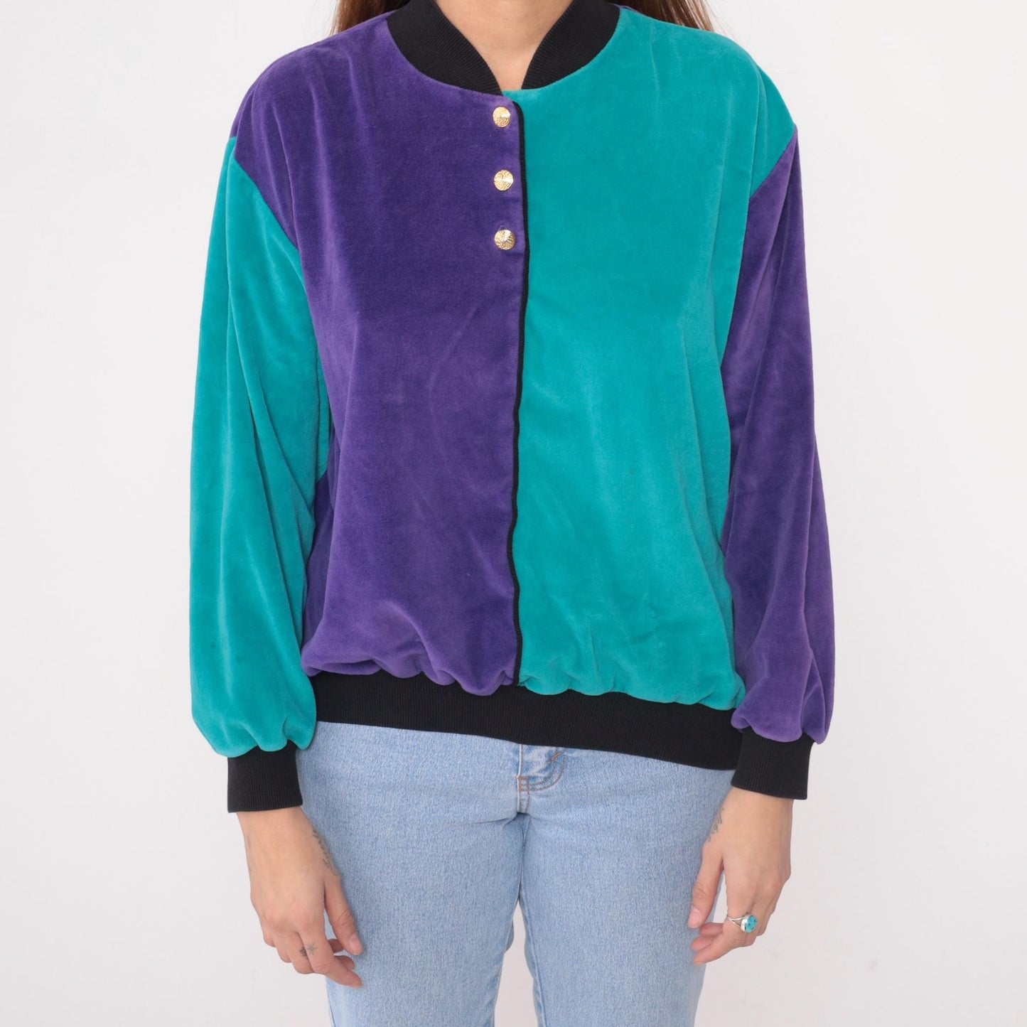 80s Terrycloth Colorblock Bomber Jacket Purple Teal Gold Buttons Medium