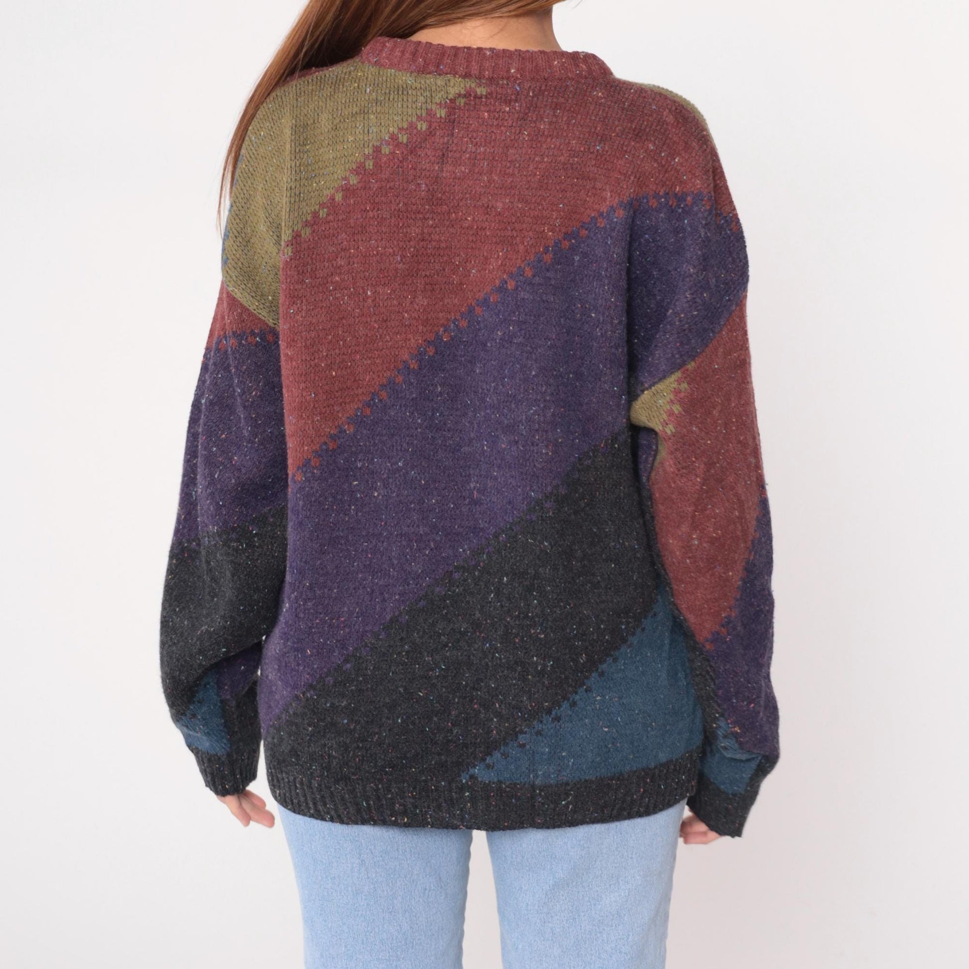 80s Method Colorblock Geometric Knit Sweater Crew Neck Large L