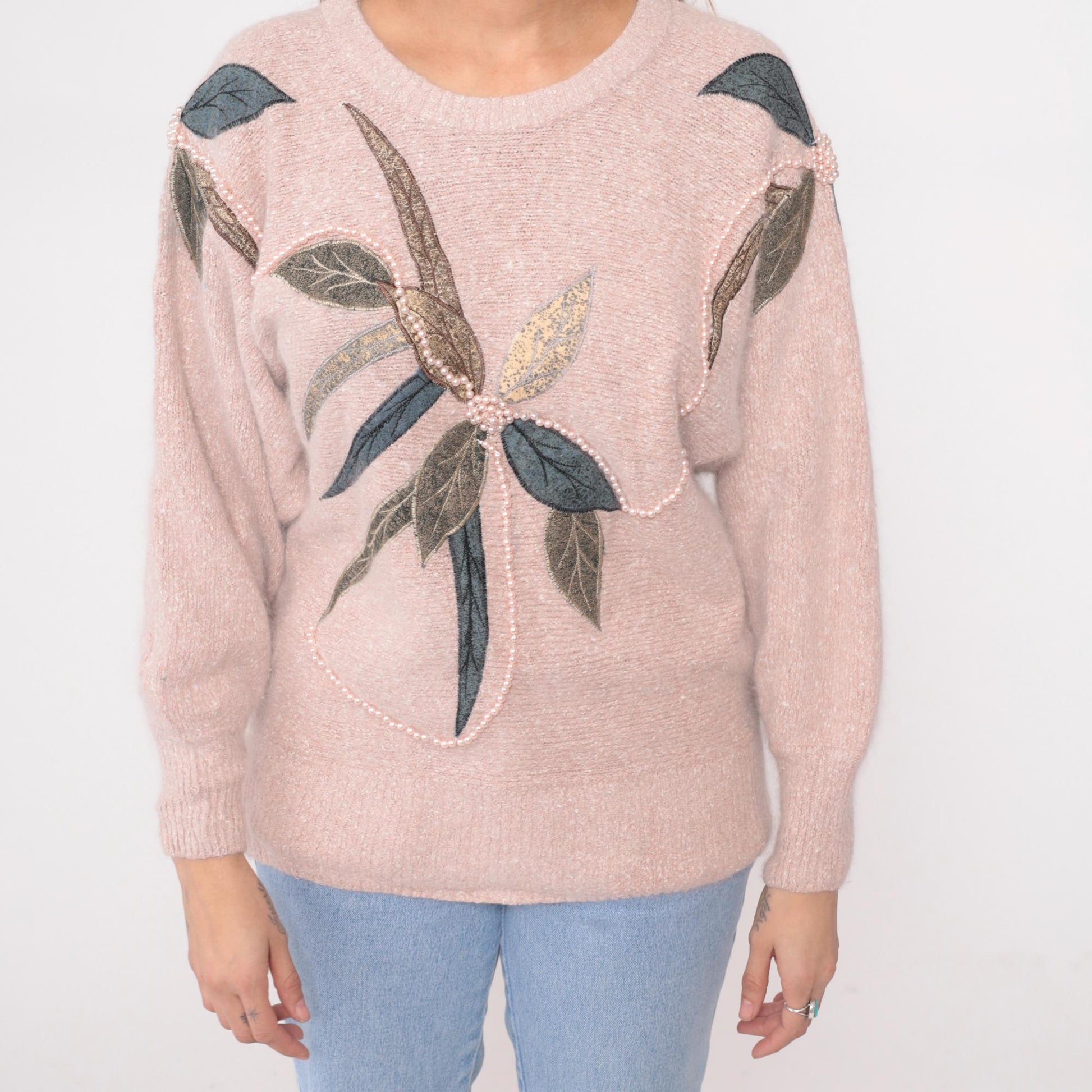 80s Belldini Pink Sweater Leaf Appliqué Beaded Knit Medium M