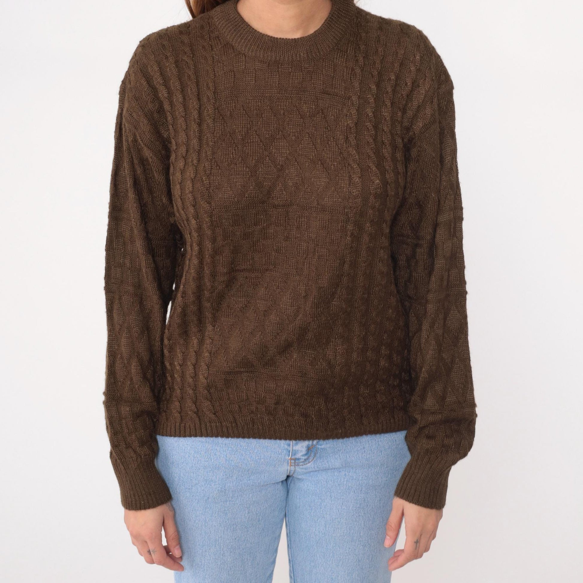 90s Wei Wah Brown Cable Knit Crewneck Pullover Sweater Large L