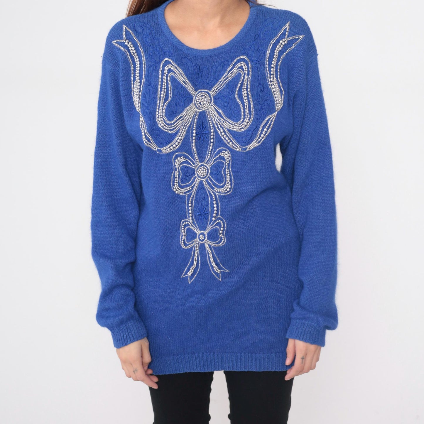 80s Ib Diffusion Periwinkle Blue Sweater Beaded Bow Knit Small