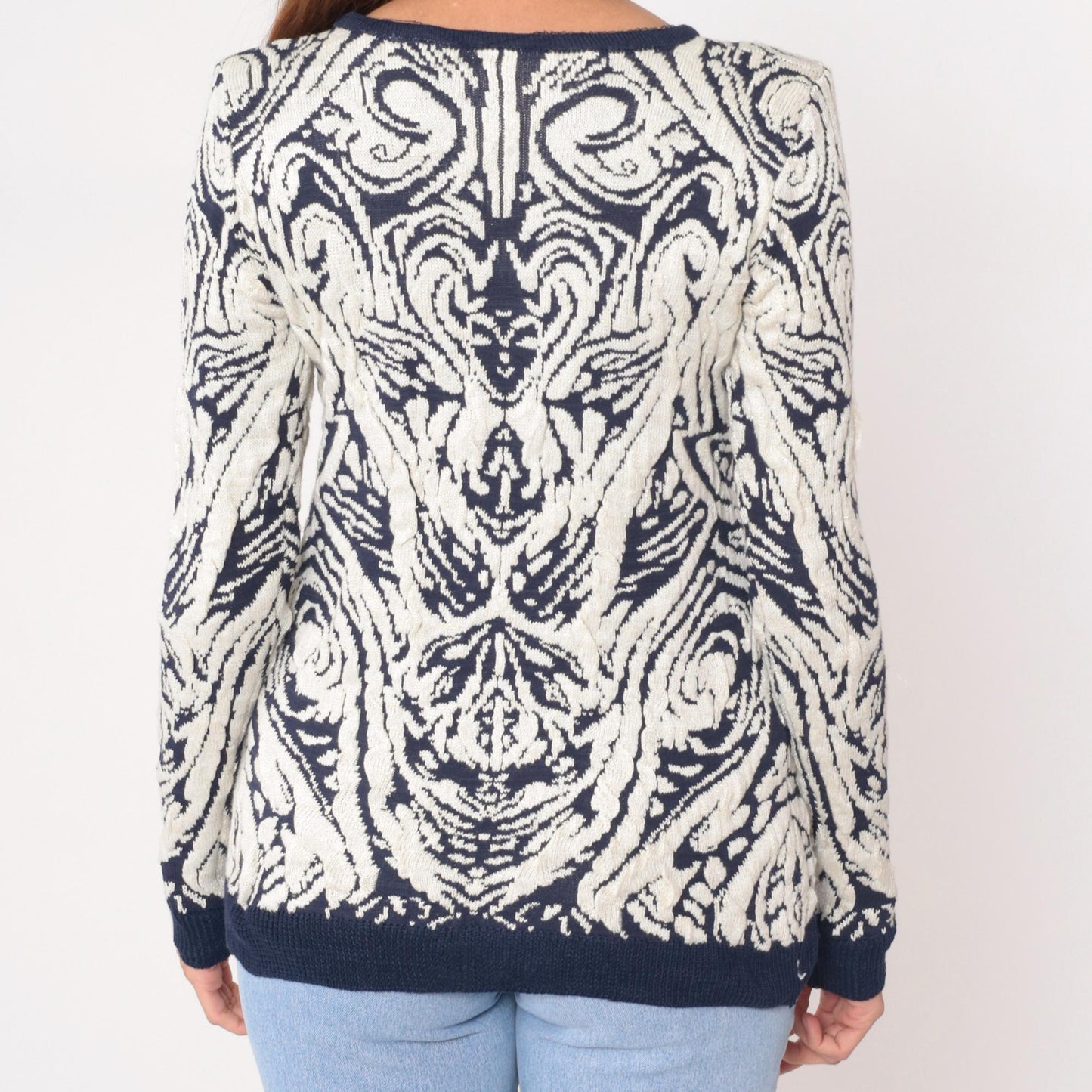 90s Navy Cream Damask Knit Sweater Crew Neck Pullover Medium