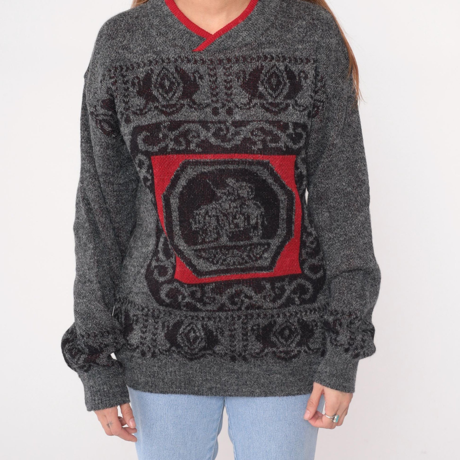90s Tribal Pattern V-Neck Sweater Grey Red Wool Knit Small S