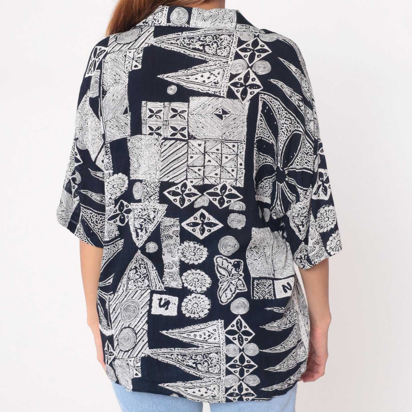 90s Michele Leslie Geometric Abstract Button Shirt Black White Rayon Large L