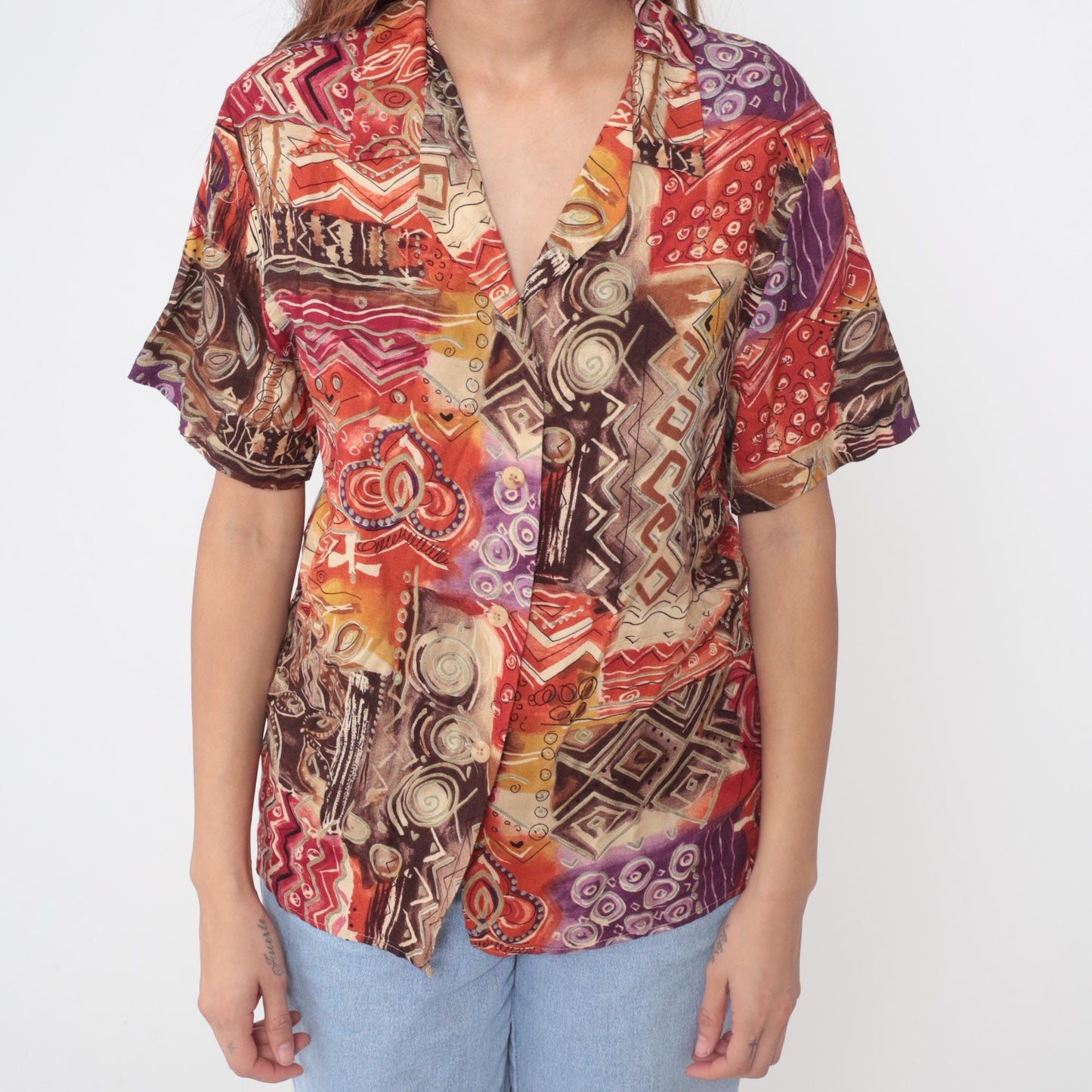 90s Sag Harbor Abstract Geometric Print Shirt Multicolor Collared Medium M