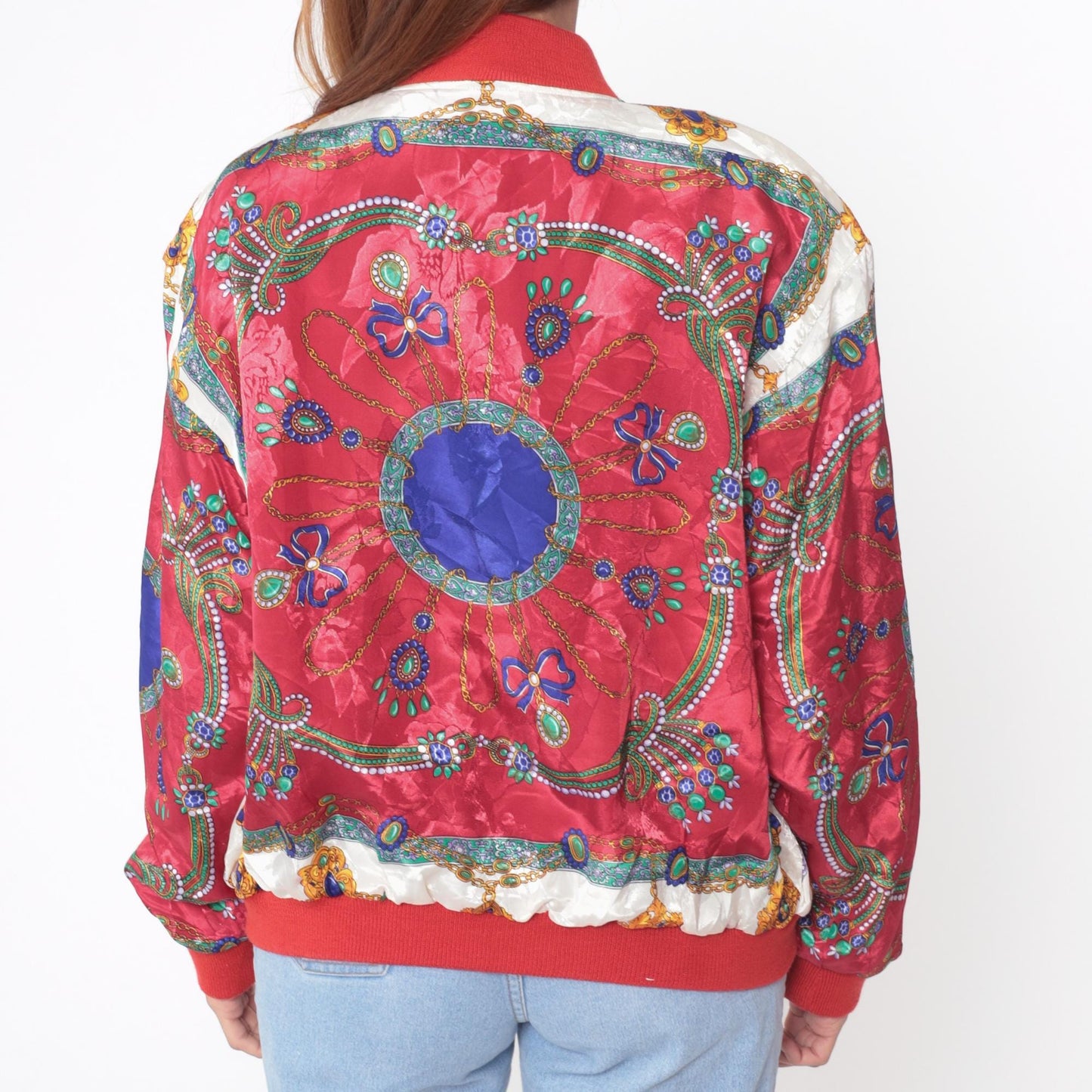 90s Red Bomber Jacket Medallion Paisley Print Windbreaker Large L