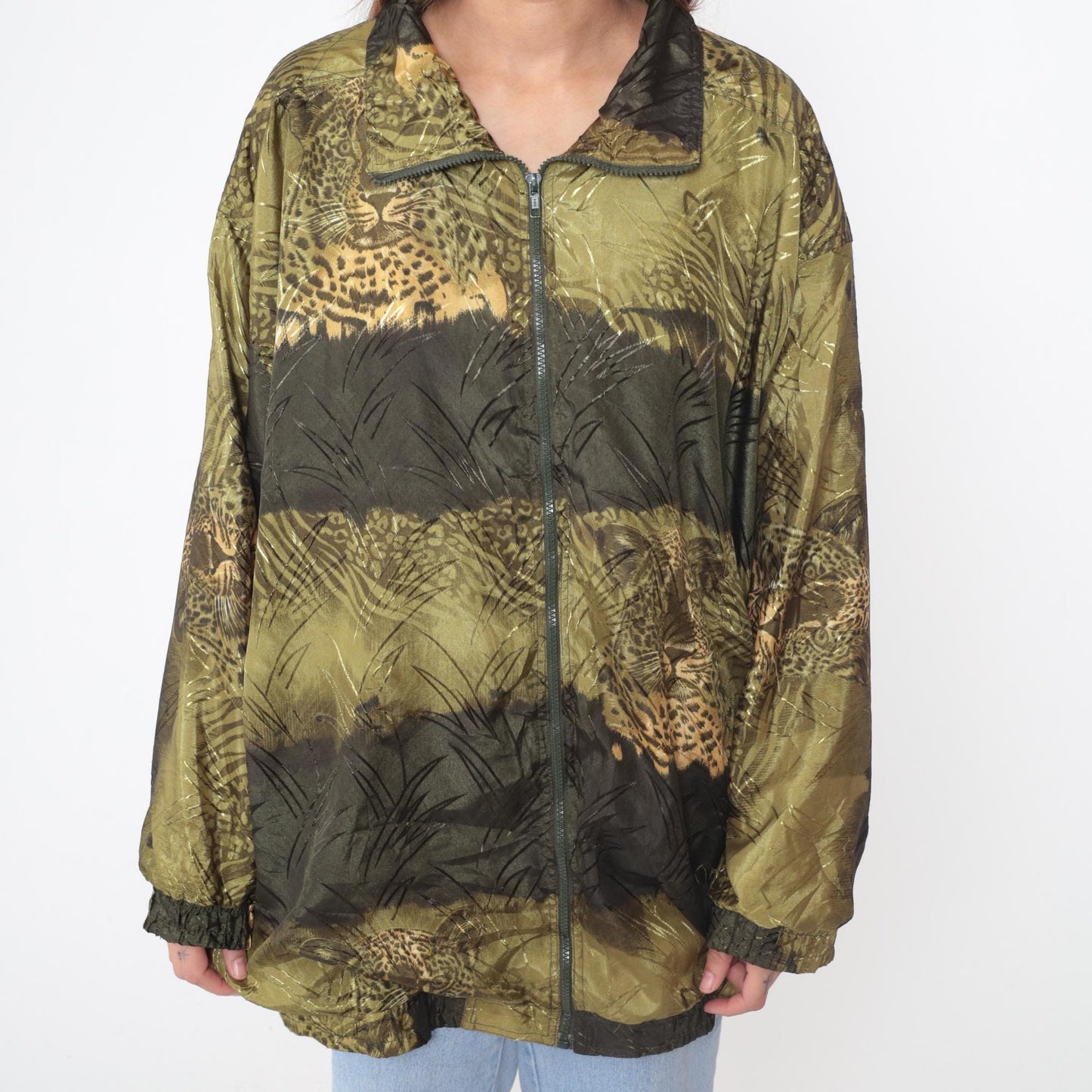 90s Leopard Print Windbreaker Jacket Jungle Safari Green Brown Tan Extra Large XL