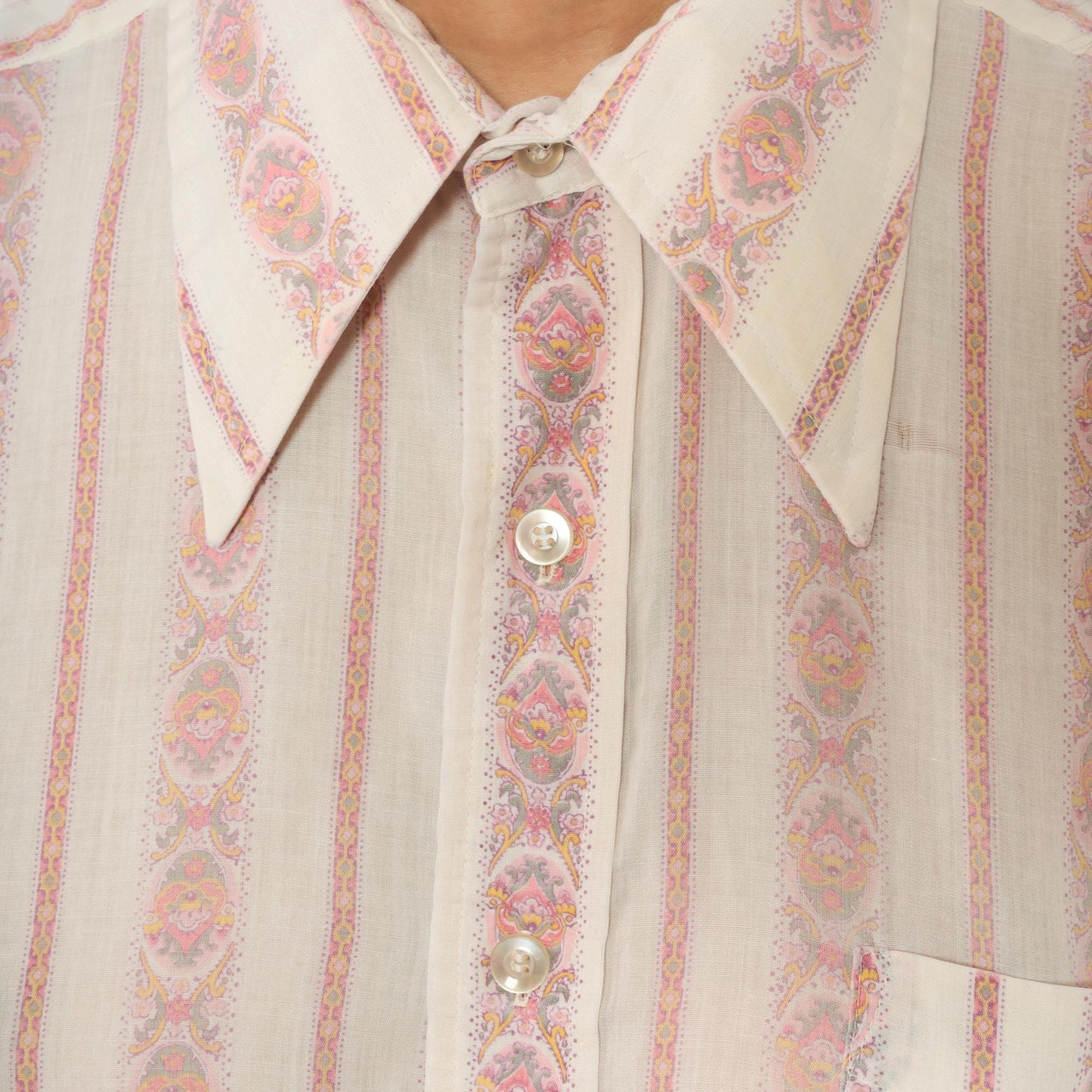 70s Campus Pink Striped Paisley Button-Down Blouse Pointed Collar Large L