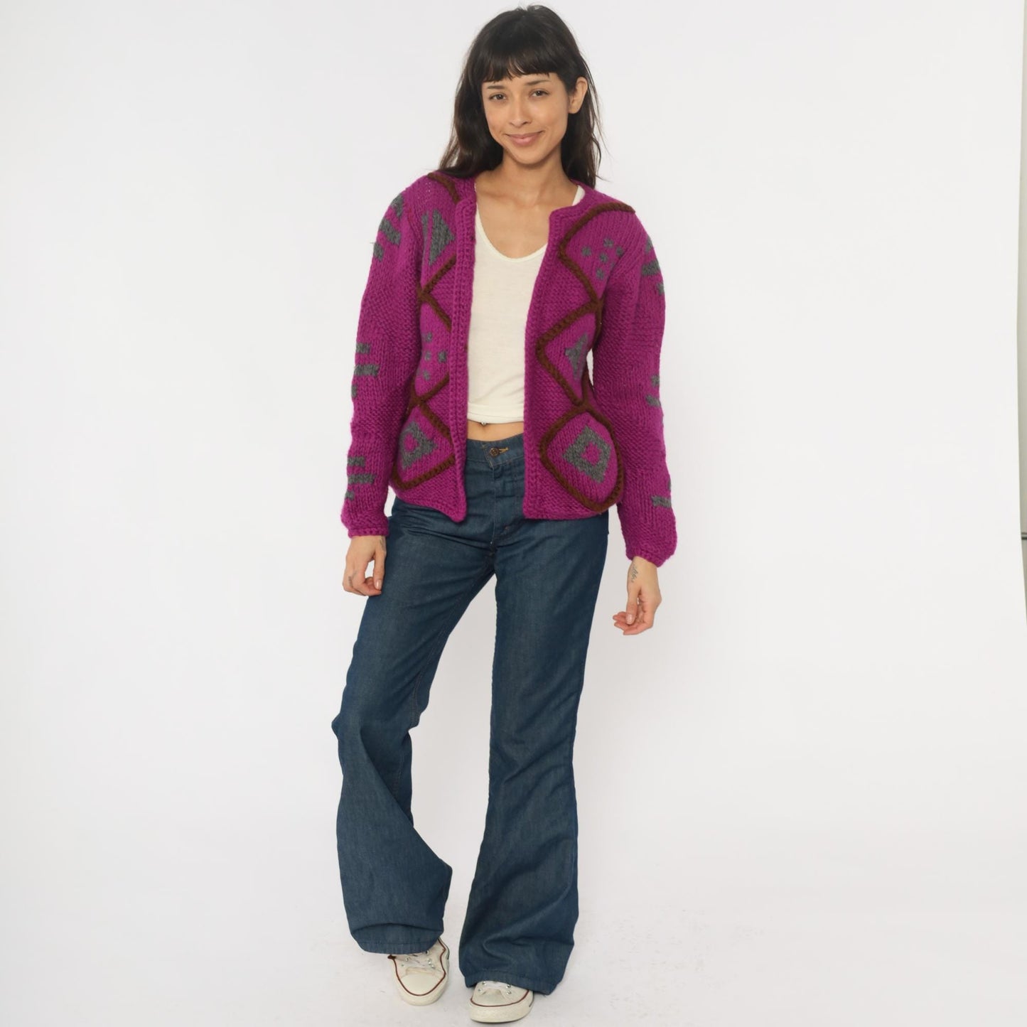 90s Purple Argyle Cardigan Wool Blend Chunky Knit Diamond Pattern Small