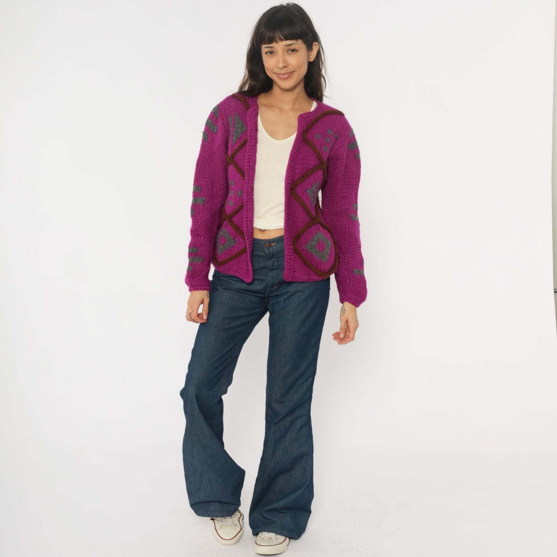90s Purple Argyle Cardigan Wool Blend Chunky Knit Diamond Pattern Small