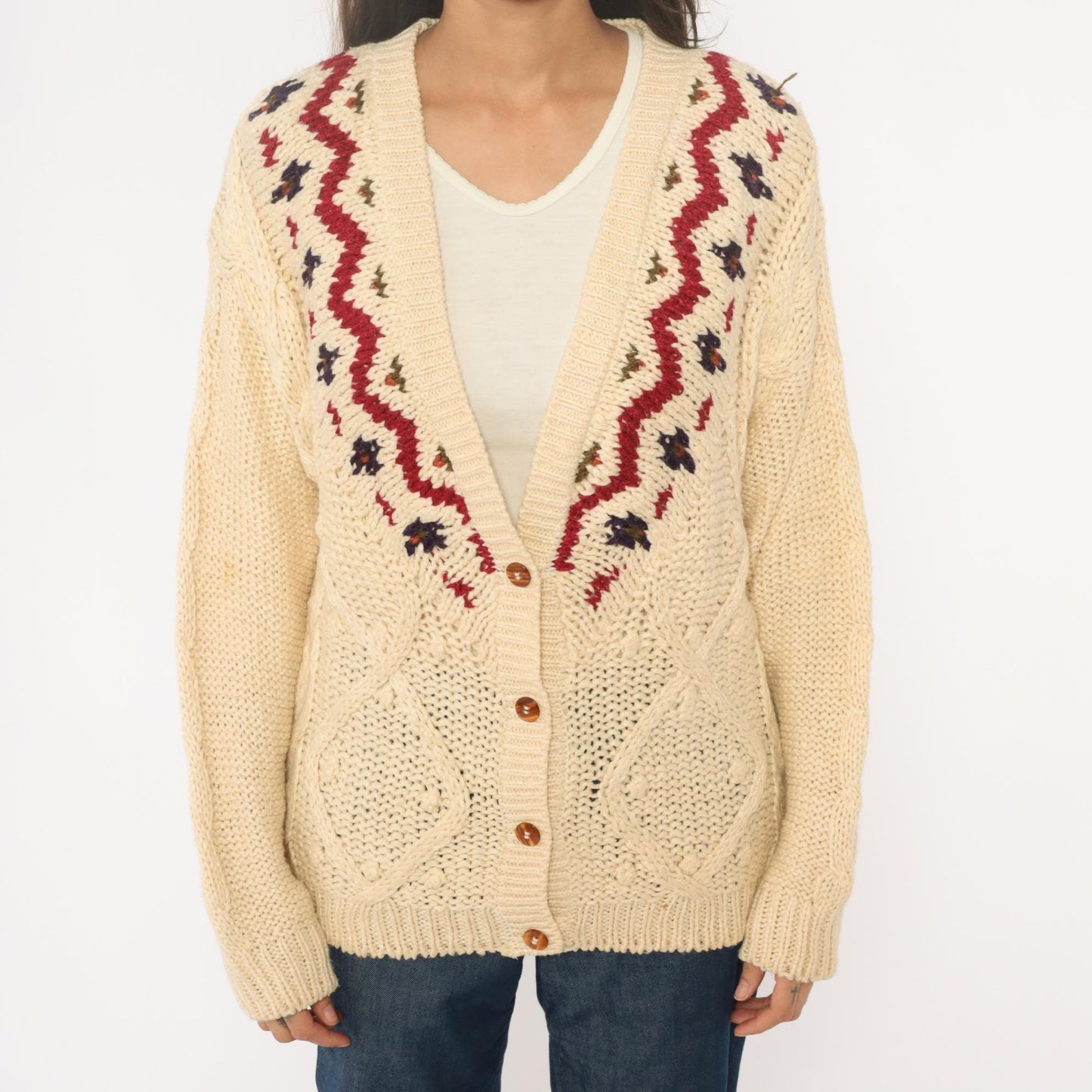 90s Fair Isle Cardigan Cream Cable Knit Button Front Nordic Pattern Medium M