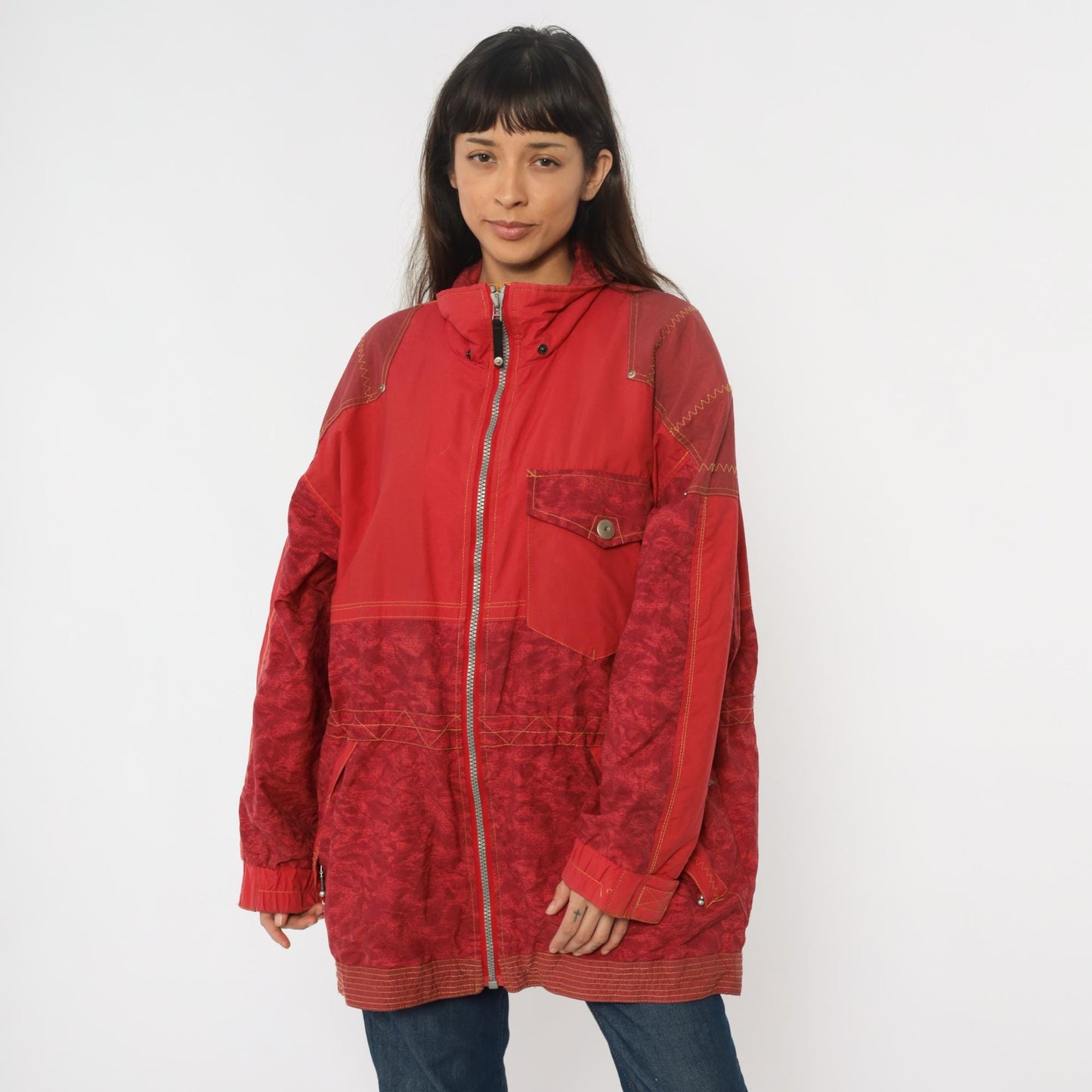 80s Obermeyer Red Nylon Windbreaker Ski Jacket Colour-Block Extra Large XL