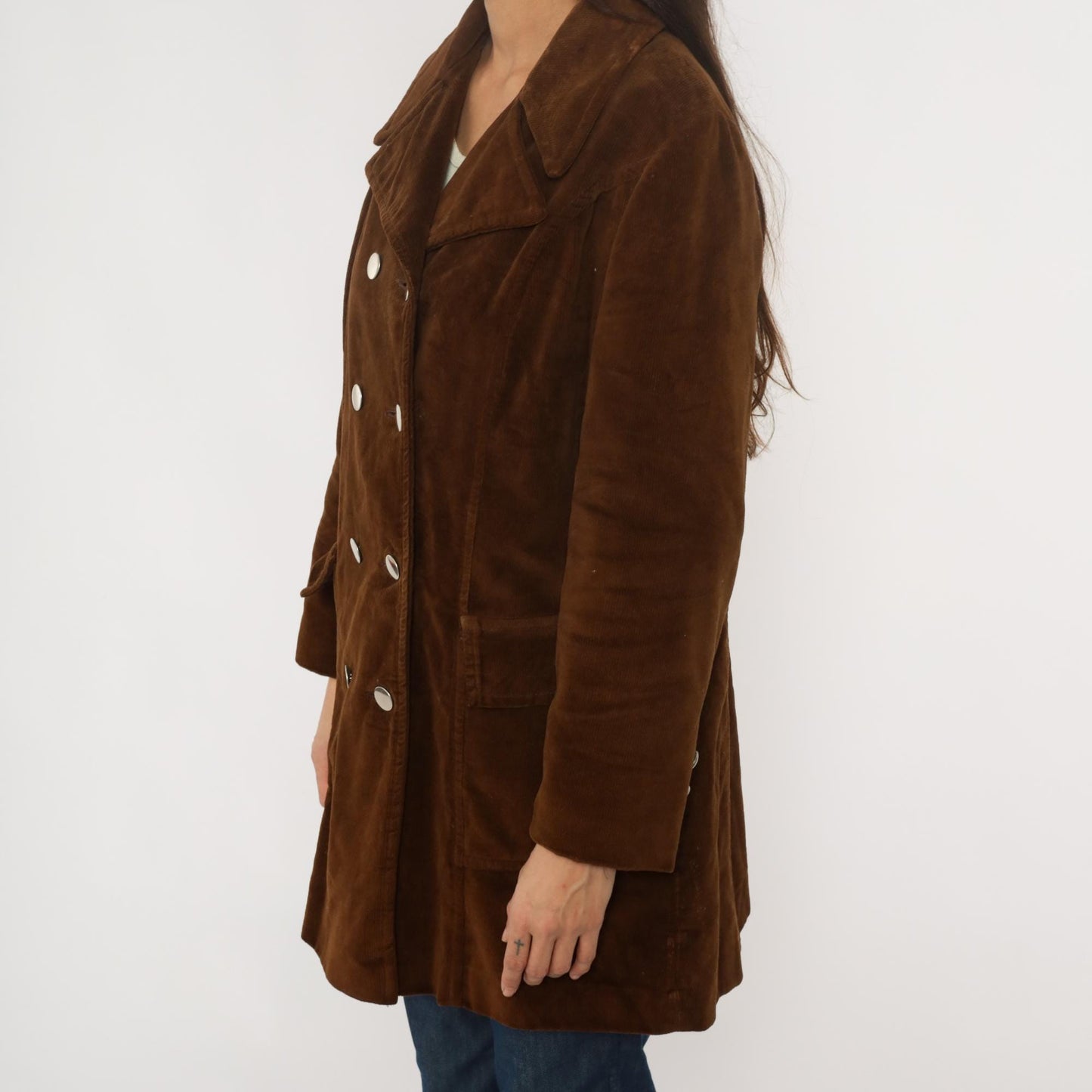 70s Chocolate Brown Corduroy Coat Double Breasted Knee Length Fleece Lined Medium