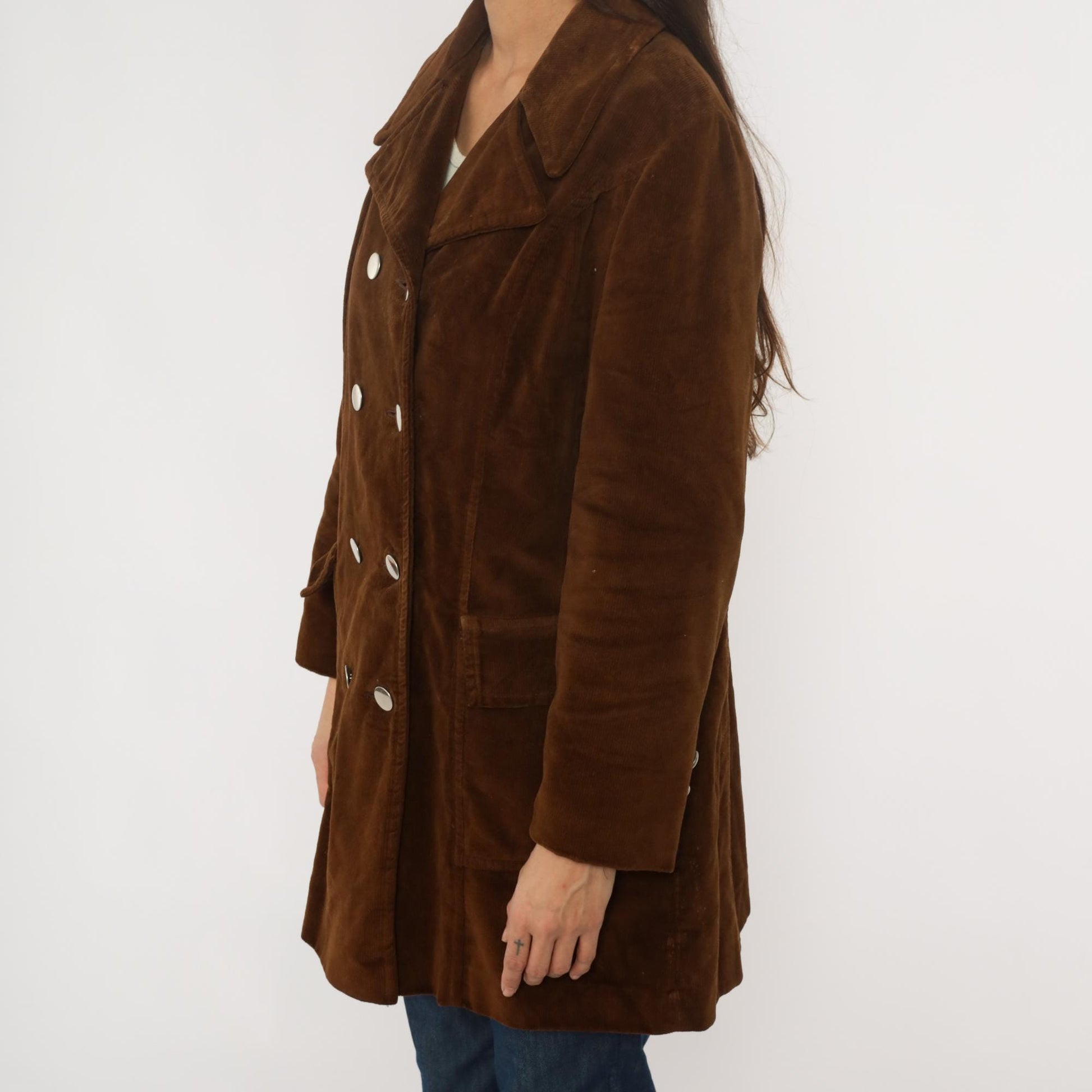 70s Chocolate Brown Corduroy Coat Double Breasted Knee Length Fleece Lined Medium