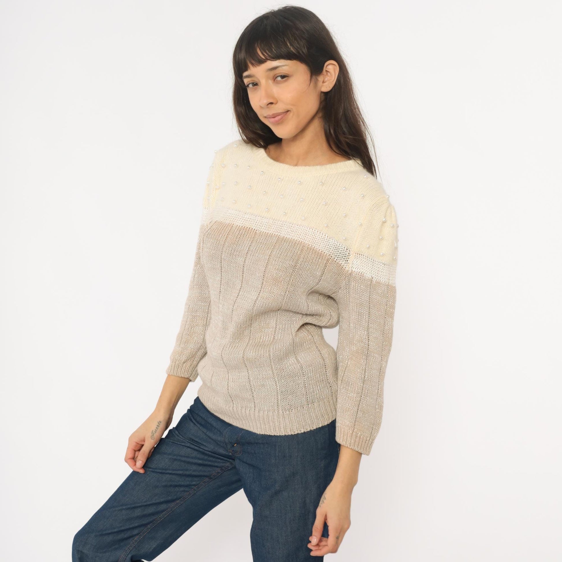 80s Lloyd Williams Beaded Colorblock Sweater Cream Beige Pearl Large