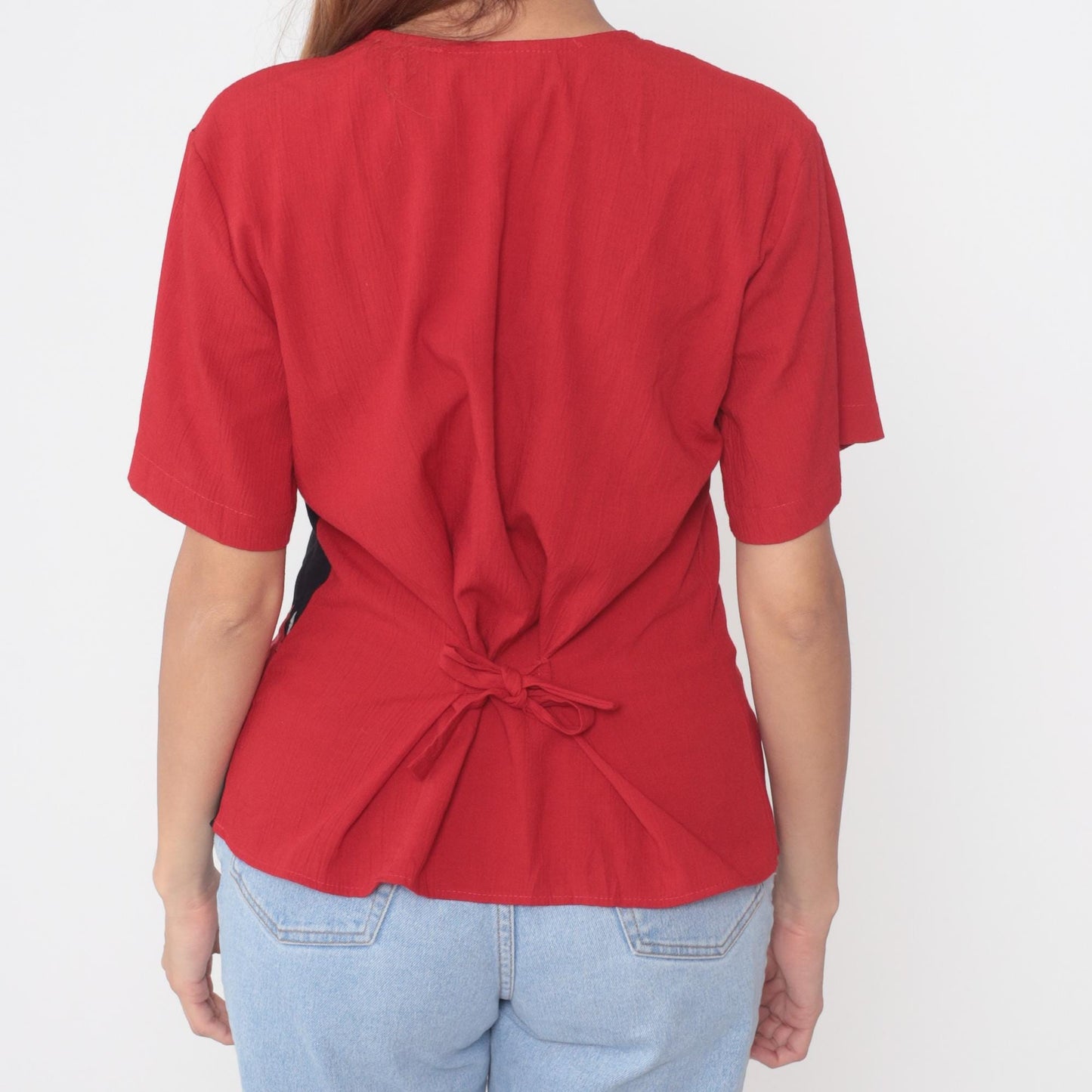 90s Cascais Floral Color Block Blouse Red Black Abstract Flowers V Neck Medium