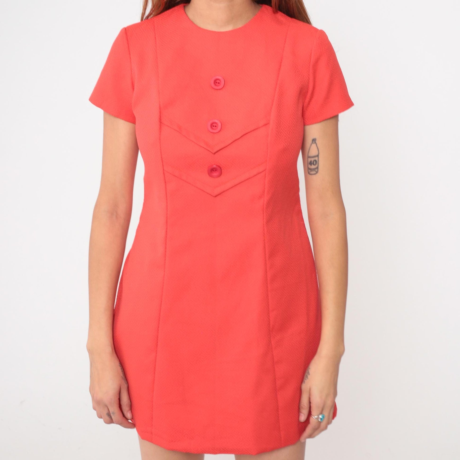 60s Coral Mod Mini Dress Shift A-Line Chevron Short Sleeve Small S