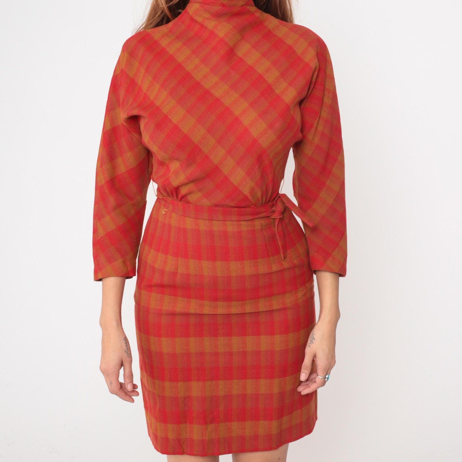 60s Mr Mort Plaid Wool Dress Red Orange Buffalo Check Mock Neck Tie Waist Extra Small