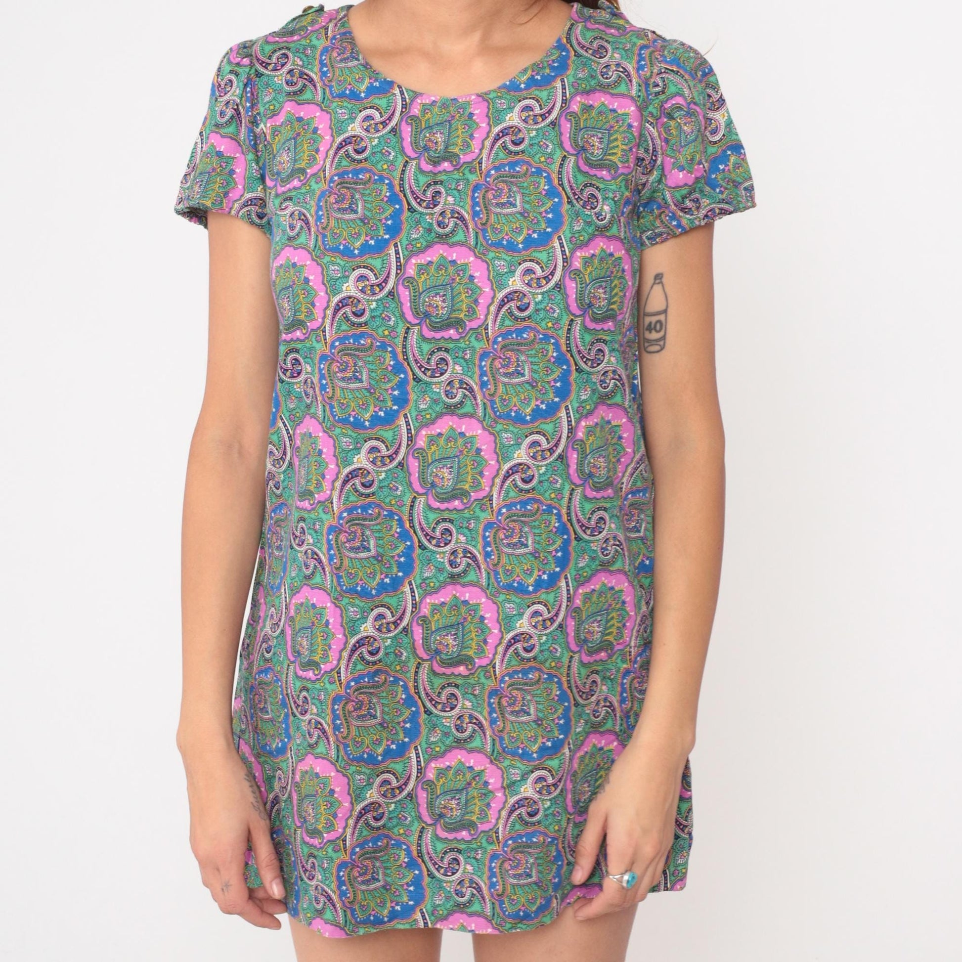 60s Psychedelic Paisley Mini Shift Dress Multicolor Cotton Small S