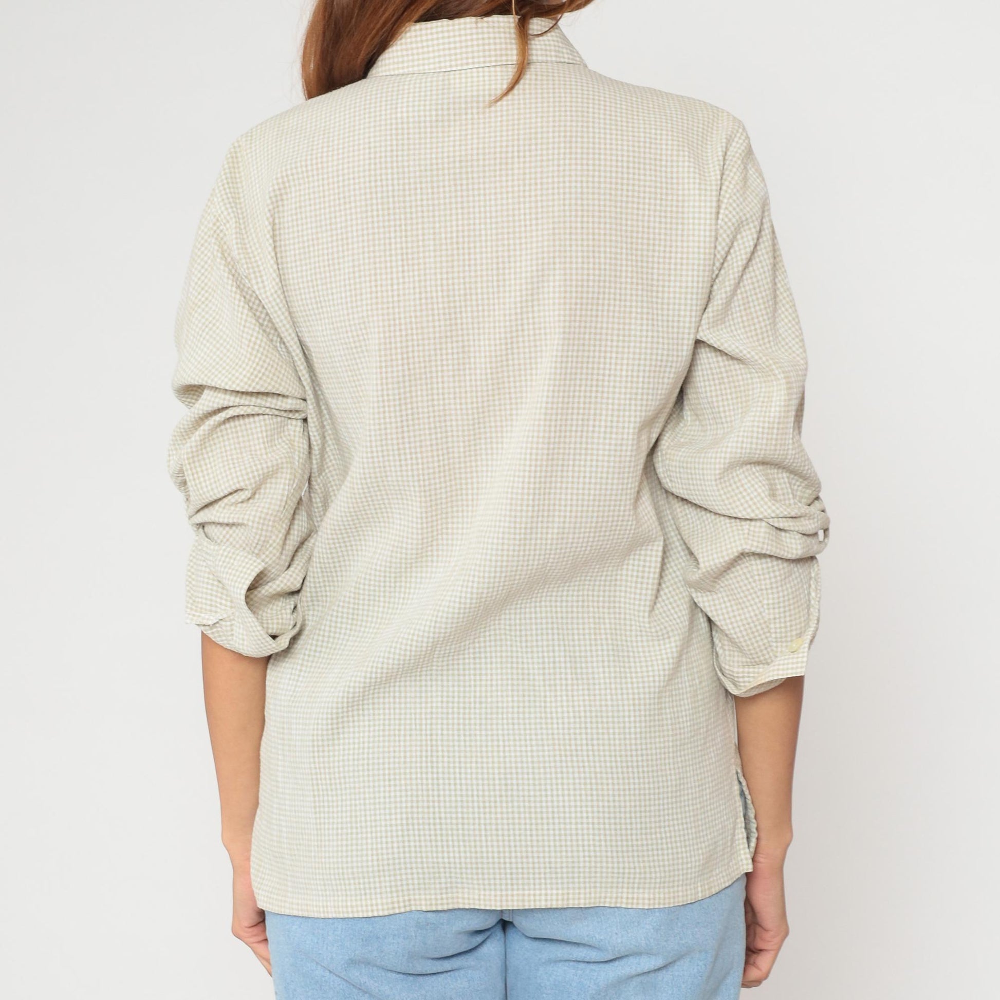 90s Koret Francisca Gingham Floral Embroidered Cotton Blouse Sage Green Small