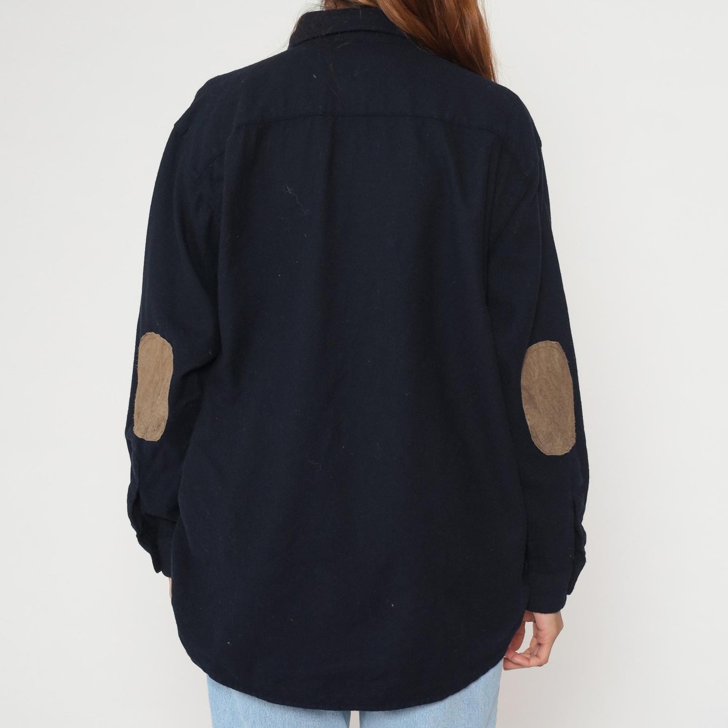 Y2K Pendleton Wool Shirt Navy Blue Suede Elbow Patches Collared Large L
