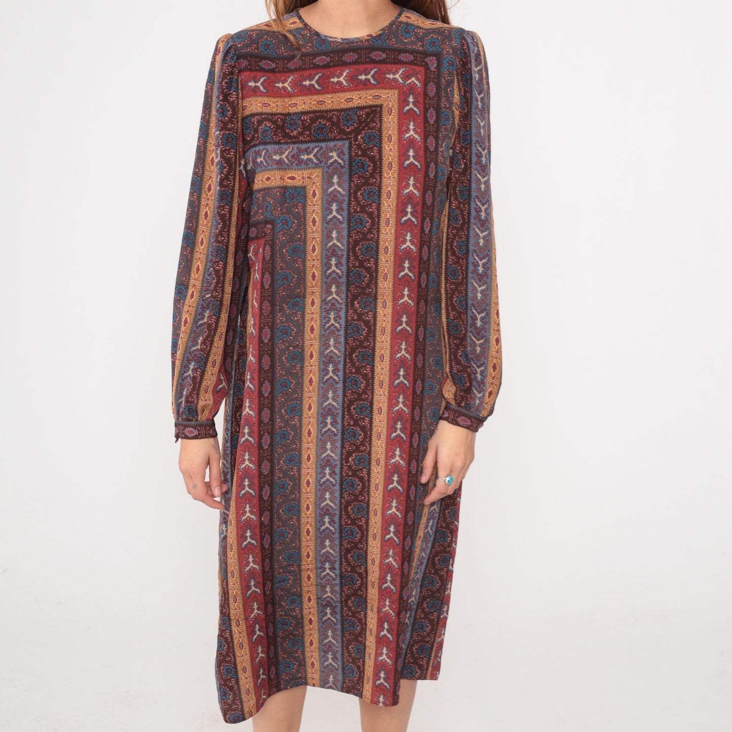 80s Leslie Fay Geometric Midi Dress Long Sleeve Burgundy Teal Medium