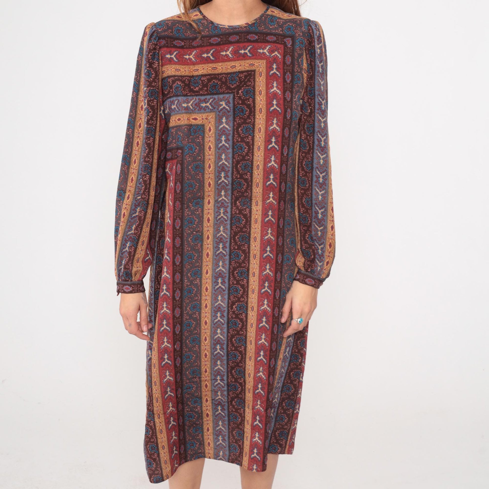80s Leslie Fay Geometric Midi Dress Long Sleeve Burgundy Teal Medium