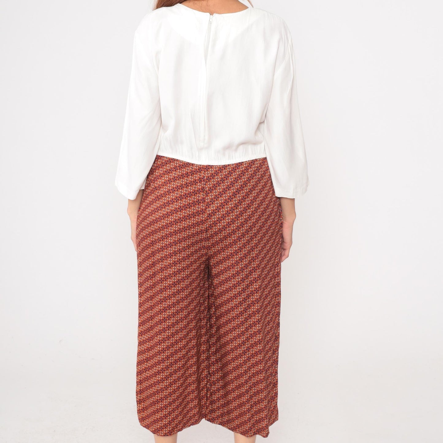 80s Dawn Joy Fashions Jumpsuit White Blouse Orange Floral Wide-Leg Culottes Large