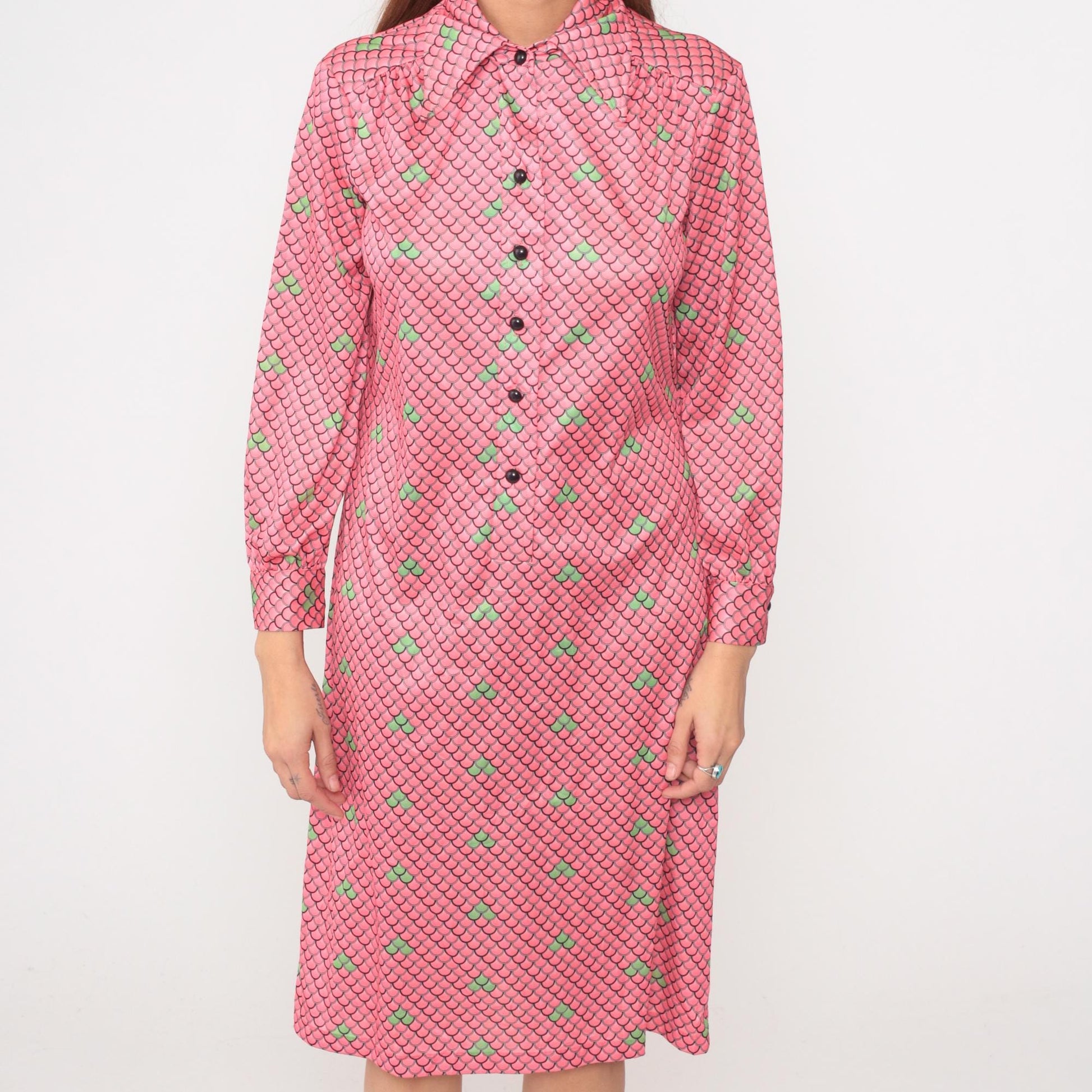70s Lee Morton Chicago Pink Scale Print Shirt Dress Knee Length Large L