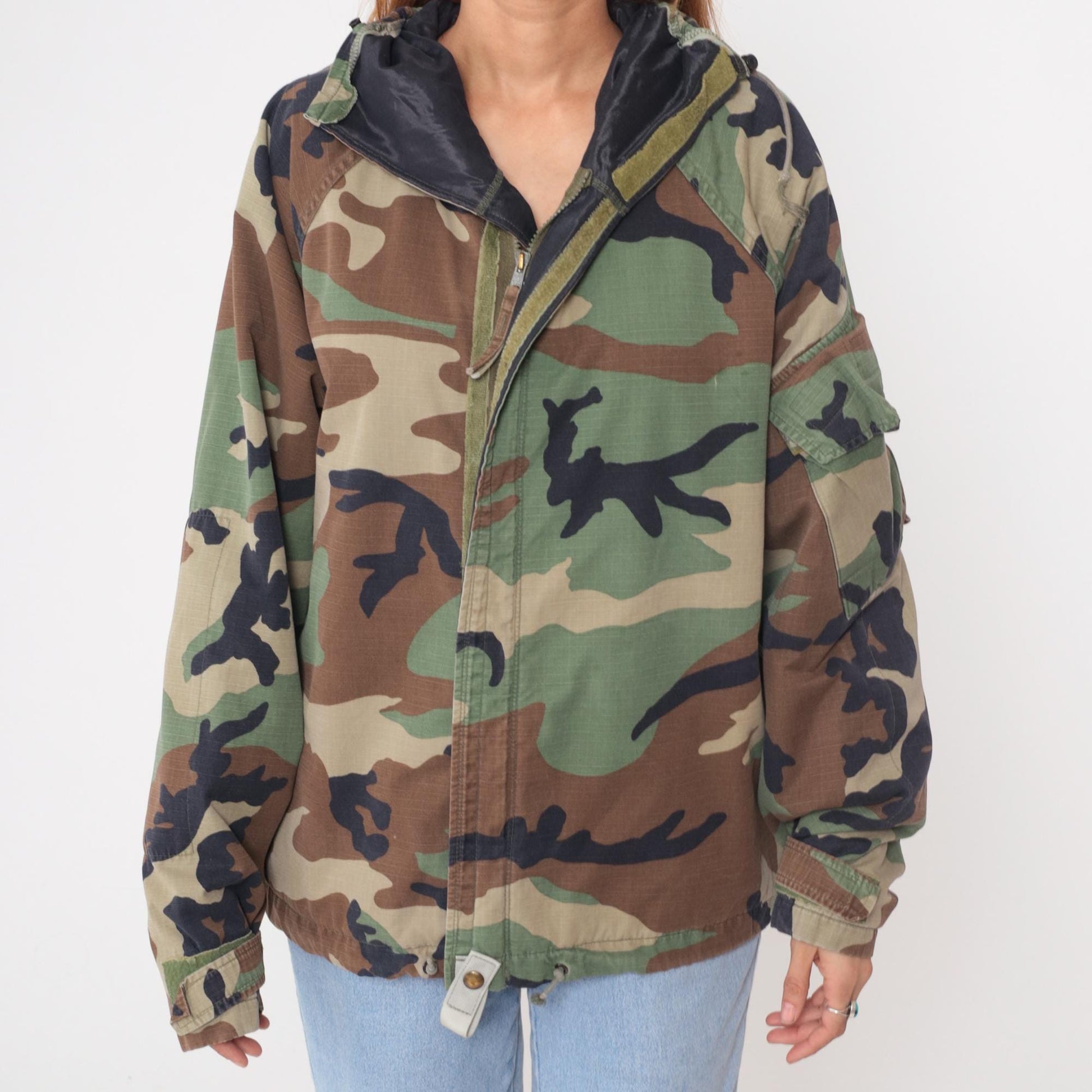 90s Woodland Camo Military Jacket Zip Hood Army Green Medium