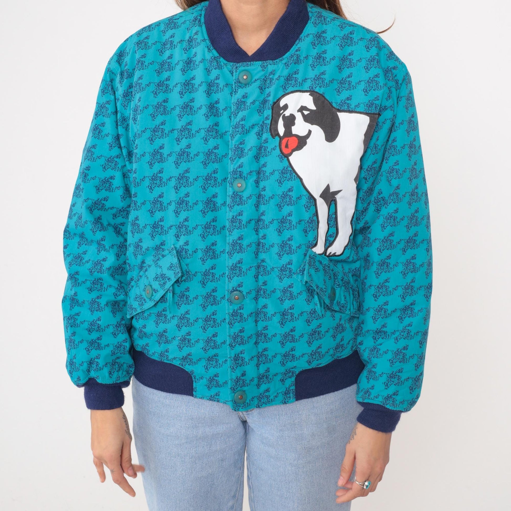 90s Big Dogs Bomber Jacket Turquoise Navy Ribbed Trim Dog Graphic Youth XL