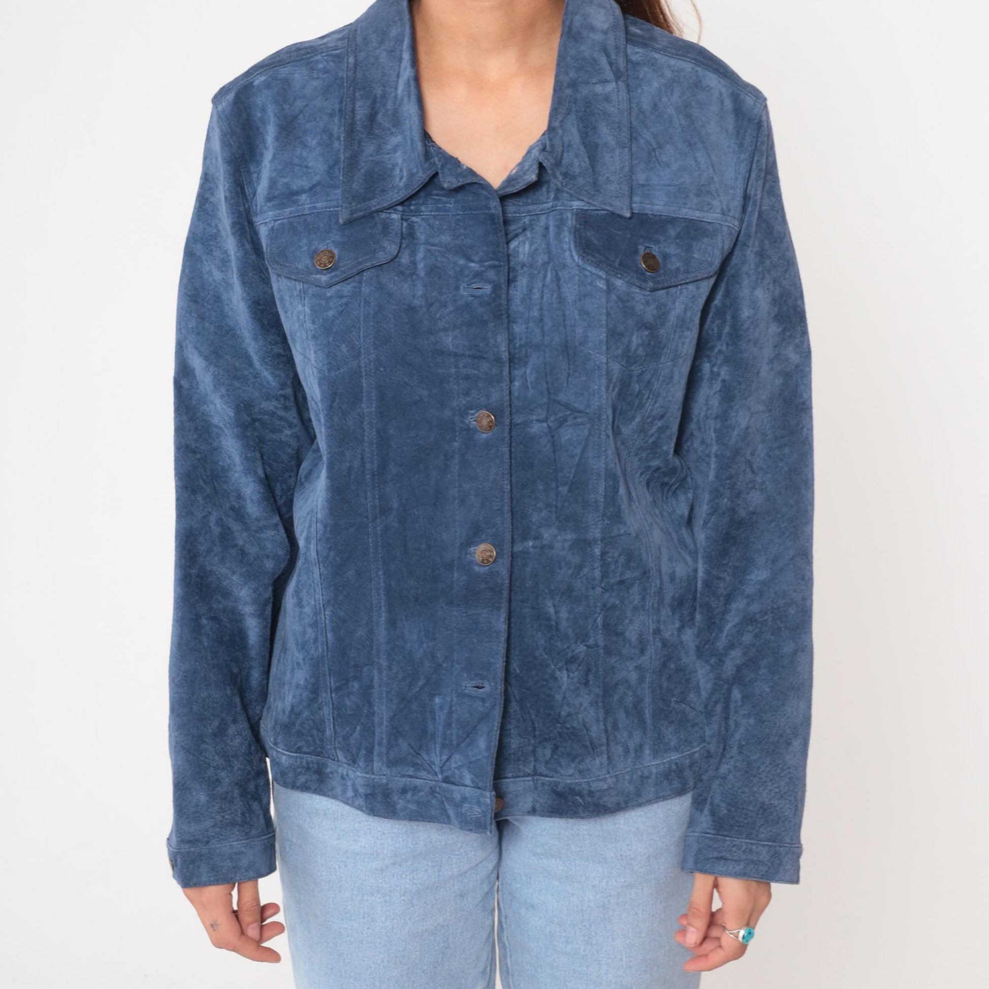 Y2K Blue Suede Jacket Collared Trucker Western Chest Pockets Extra Large