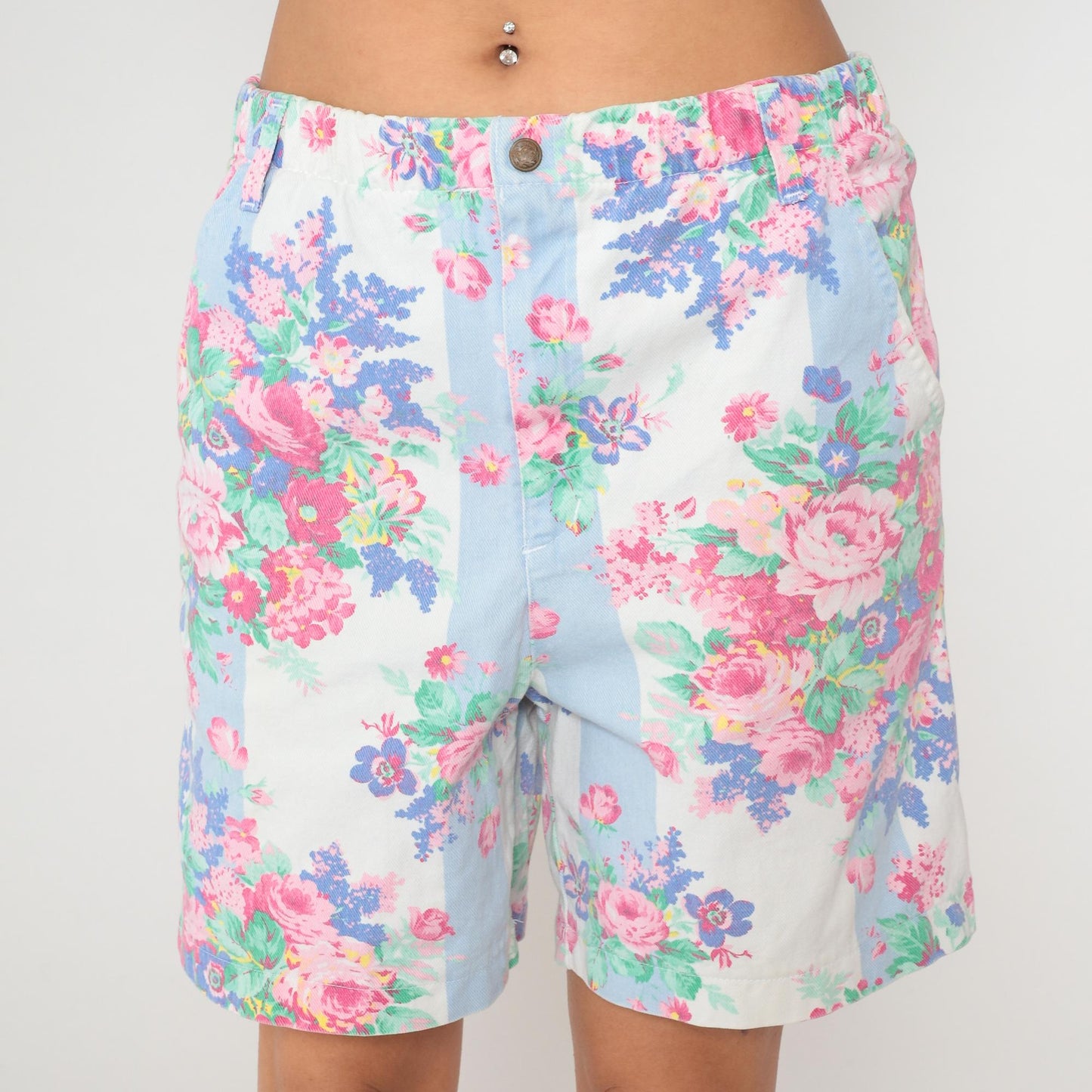90s Vivaldi Floral Shorts High Waisted Pink Blue Cotton Pockets Medium