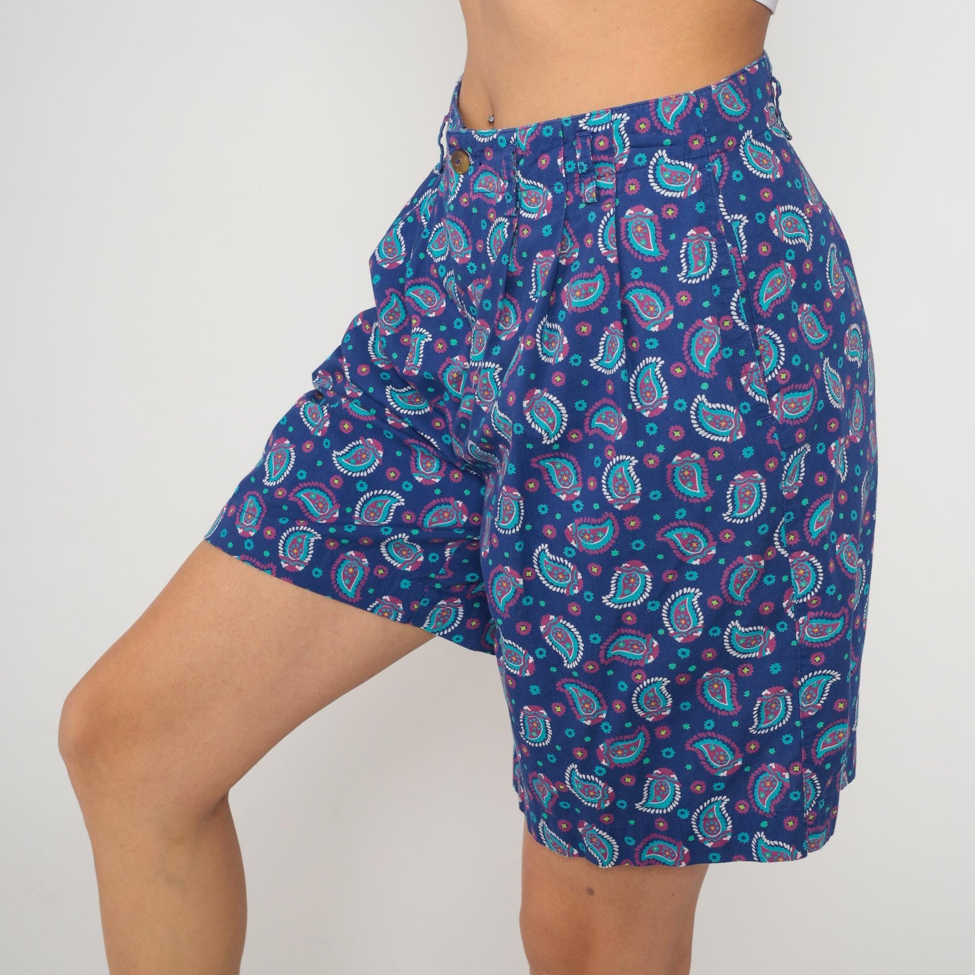 90s Liz Sport Paisley Shorts High Waisted Cotton Navy Medium