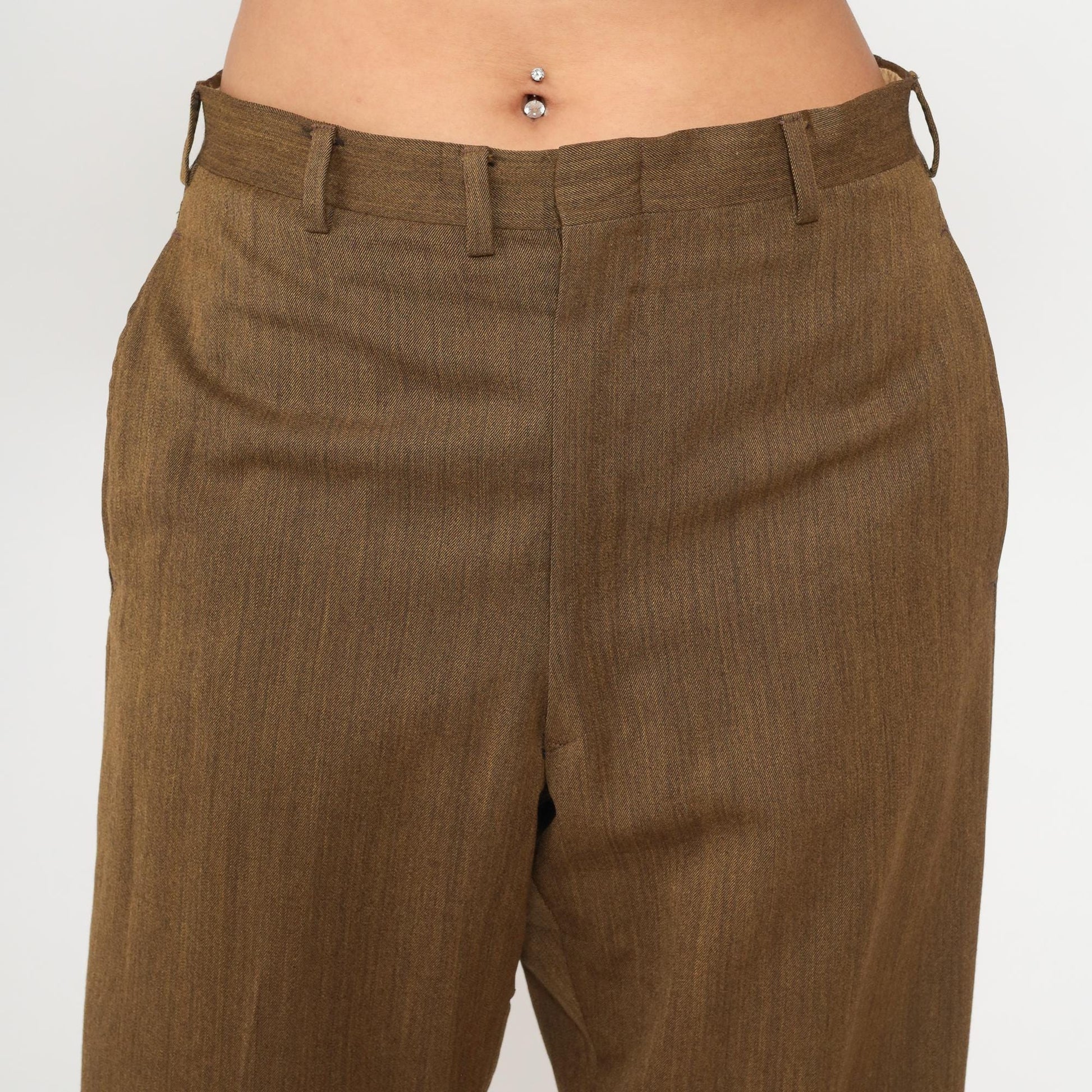 60s Brown High-Waist Straight-Leg Trousers Flat Front Tailored Medium