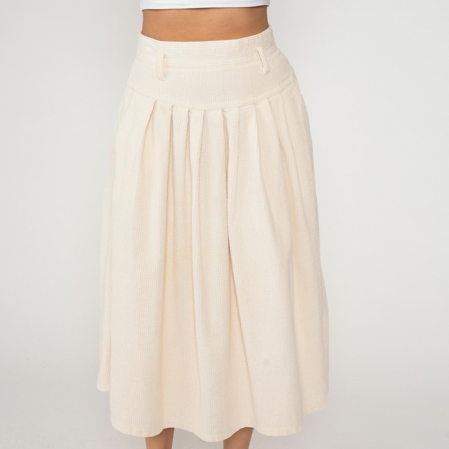 90s Boundary Waters Cream Corduroy Pleated Skirt High Waist Knee Length Large