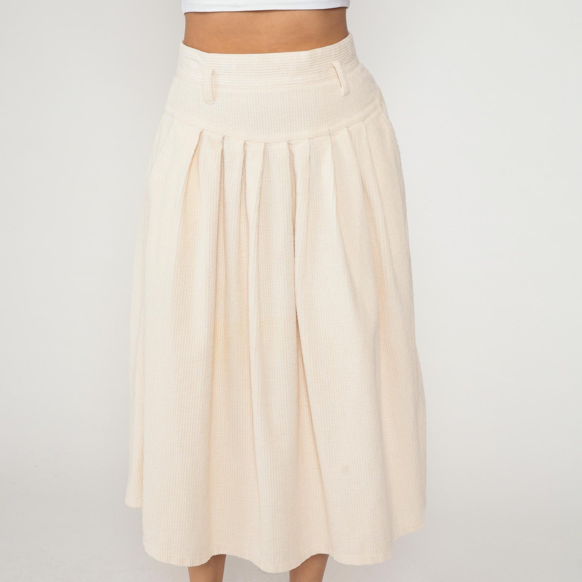 90s Boundary Waters Cream Corduroy Pleated Skirt High Waist Knee Length Large