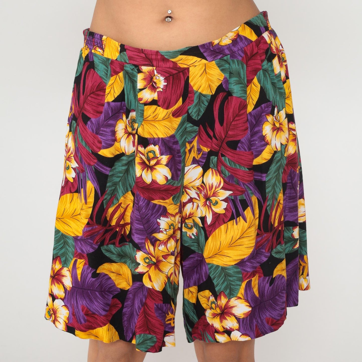 90s Sag Harbor Tropical Hibiscus Shorts High Waisted Wide Leg Purple Yellow Large