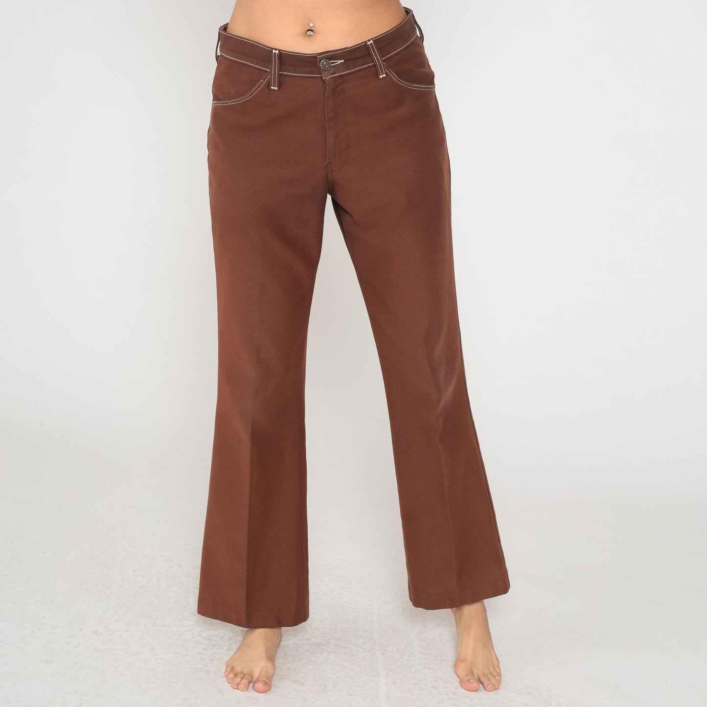 70s Farah Brown Flare Pants White Contrast Stitching Low Rise Medium
