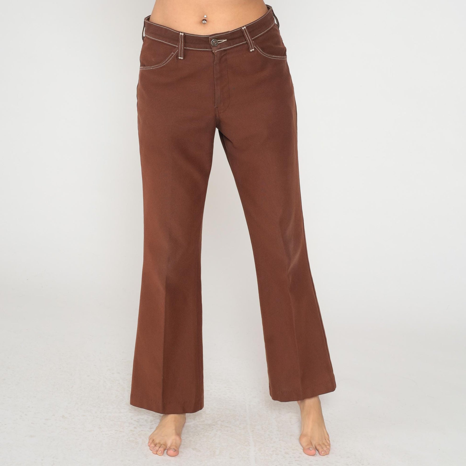70s Farah Brown Flare Pants White Contrast Stitching Low Rise Medium