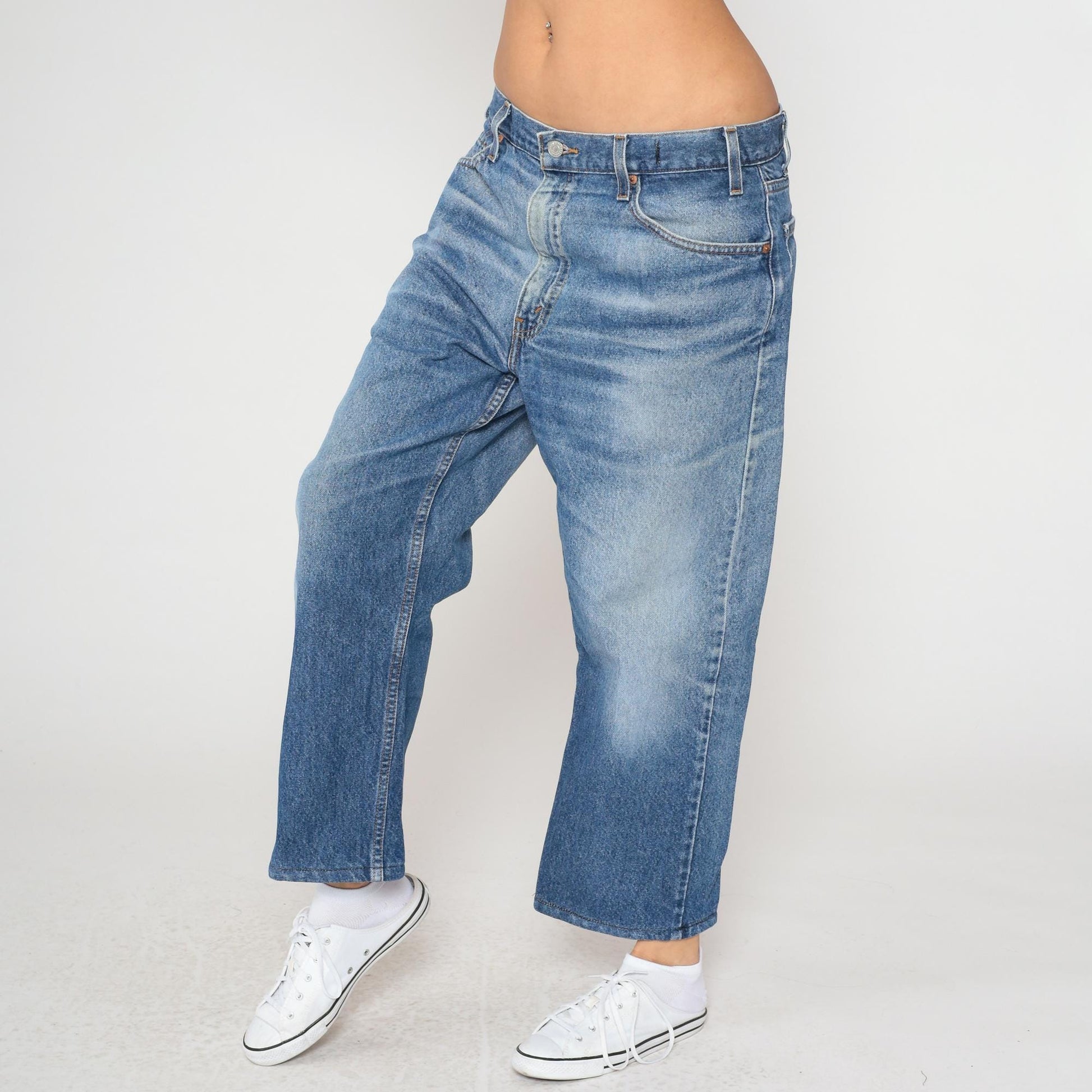 90s Levi's Wide Leg Cropped Jeans High Waisted Stone Wash Blue Denim Medium