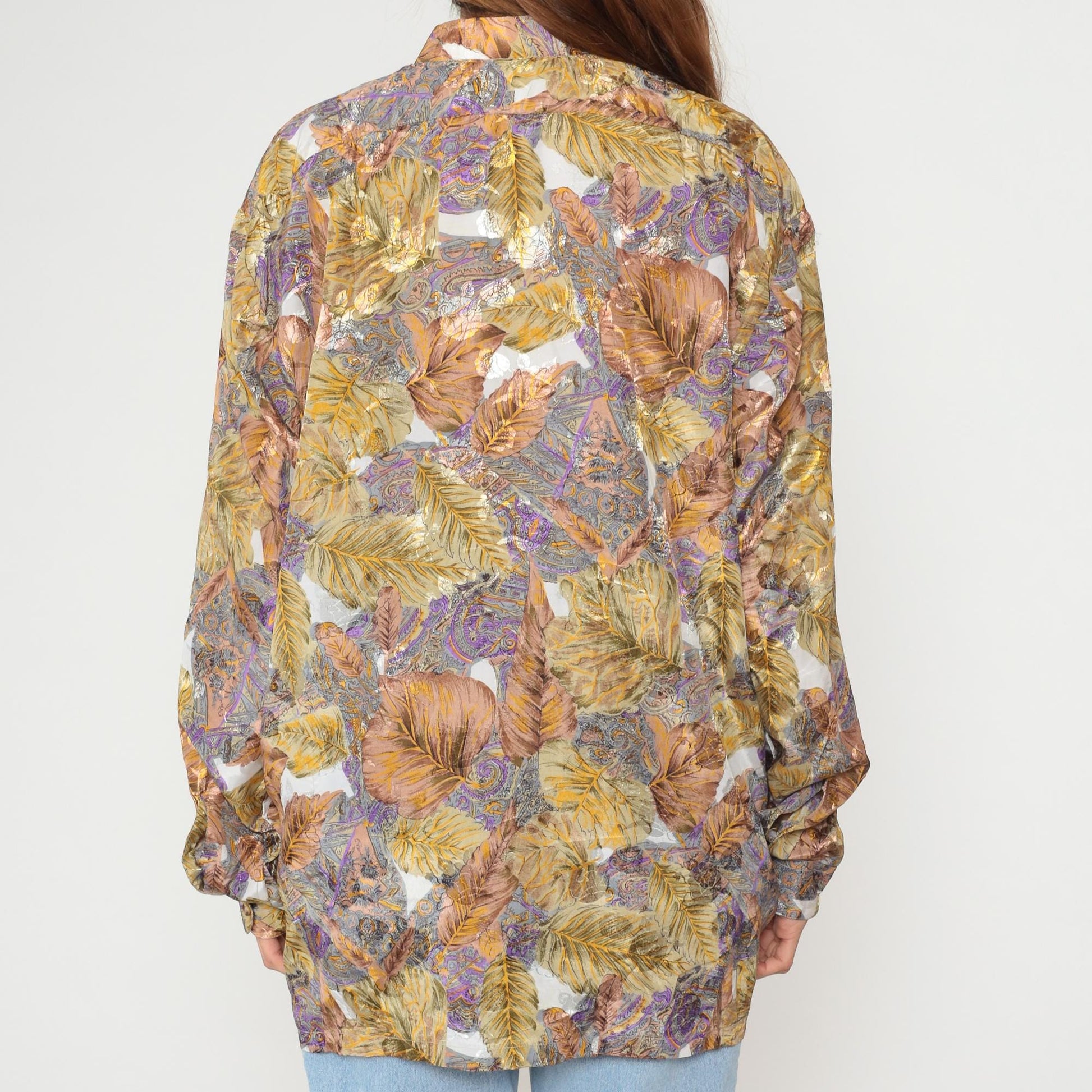 80s Leaf Paisley Button Blouse Purple Gold Brown Cream Extra Large XL