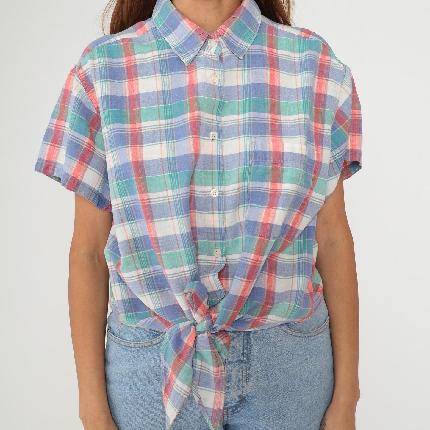 90s Sorrel Plaid Cropped Shirt Cotton Blue Green Pink White Checkered Large
