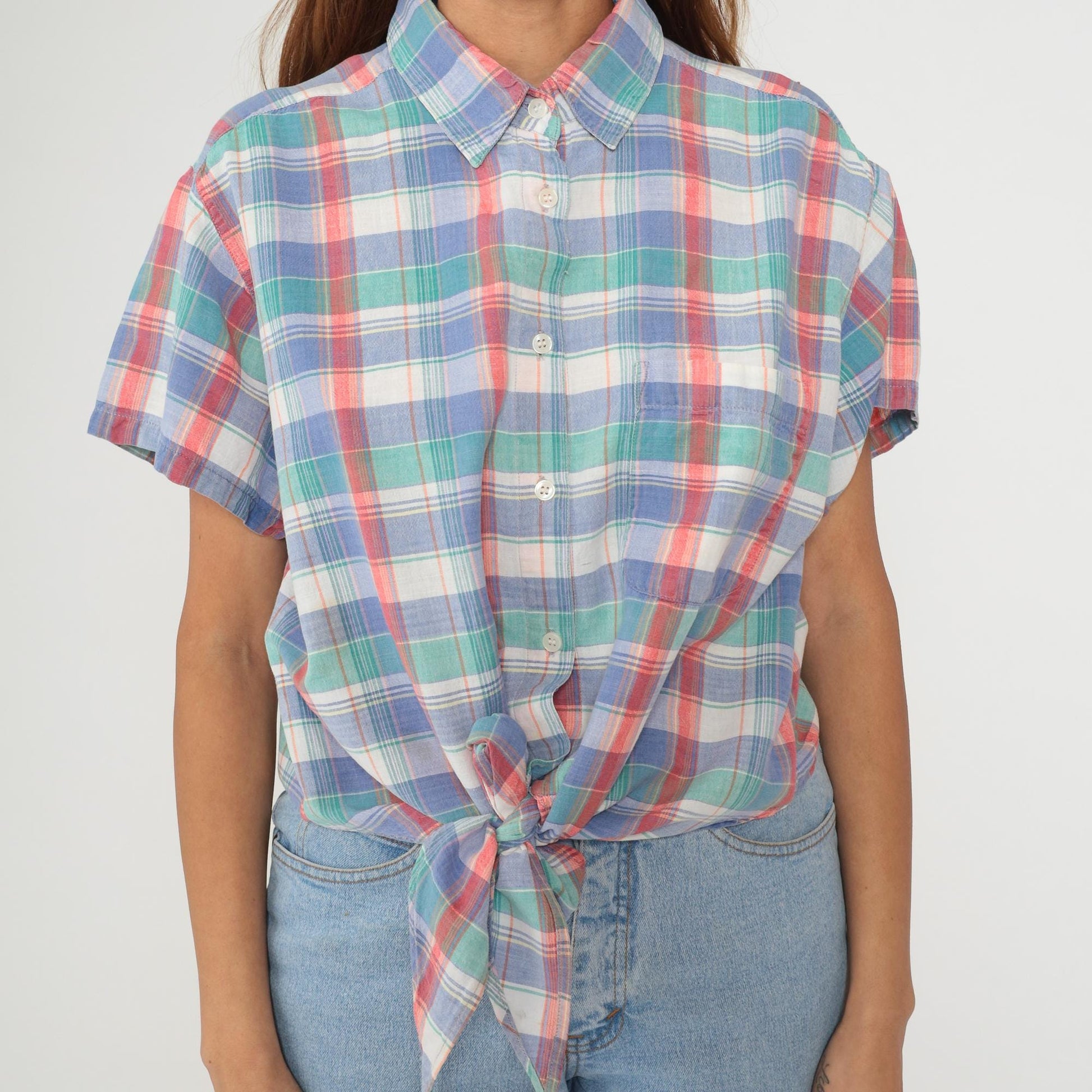 90s Sorrel Plaid Cropped Shirt Cotton Blue Green Pink White Checkered Large