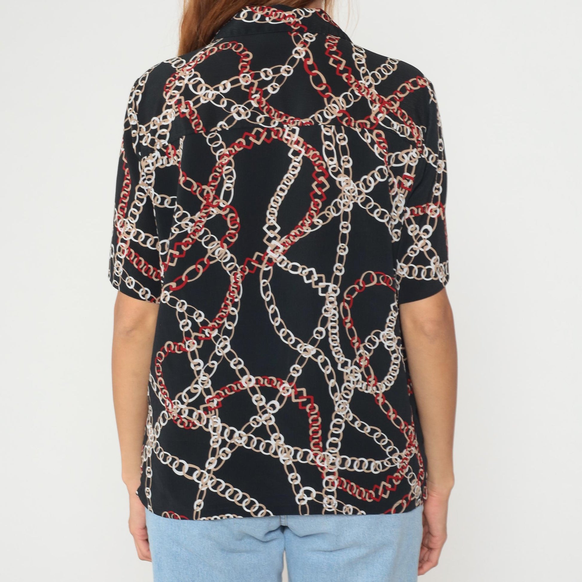 90s Donnkenny Chain Link Print Blouse Black White Red Short Sleeve Large L