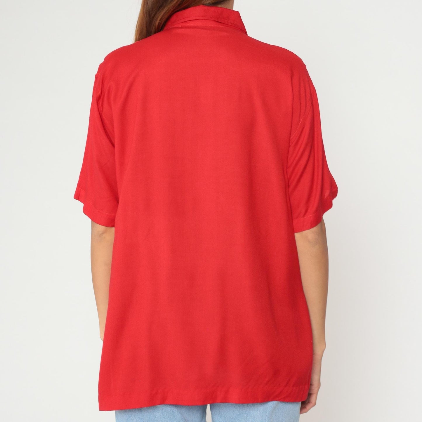 90s Rhythms Red Rayon Button-Up Shirt Pointed Collar Short Sleeve Medium M