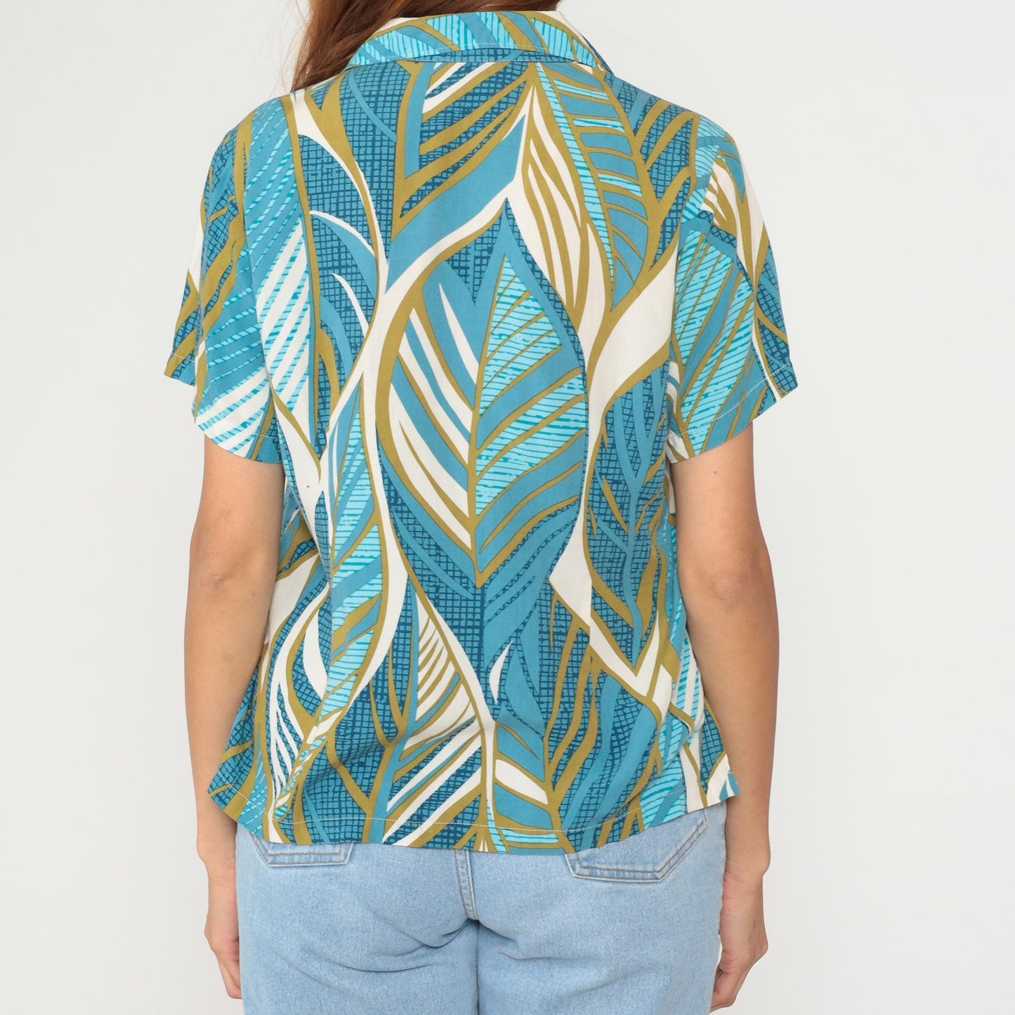Y2K Hawaiian Shirt Aloha Hut Turquoise Palm Leaf Print Medium M