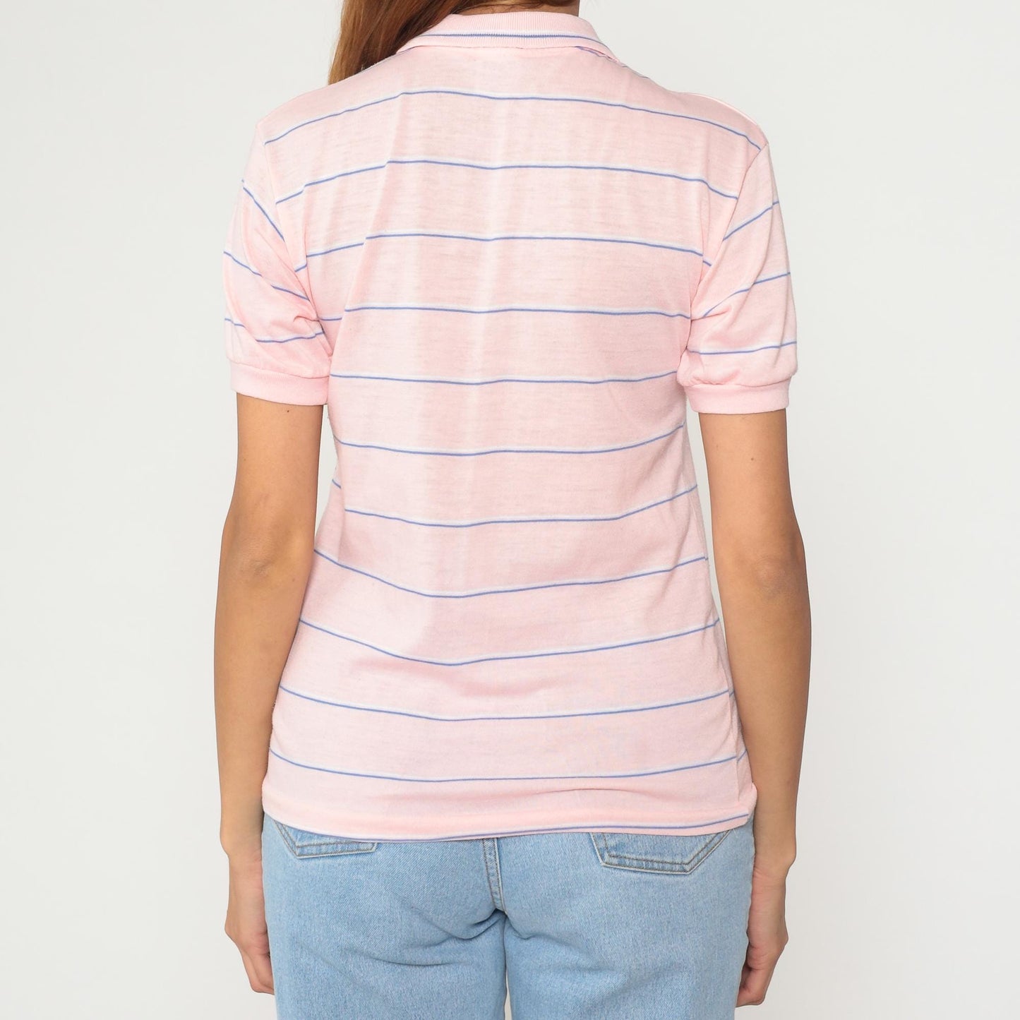 80s Le Tigre Polo Shirt Pink Blue Stripe Cotton Short Sleeve Small S