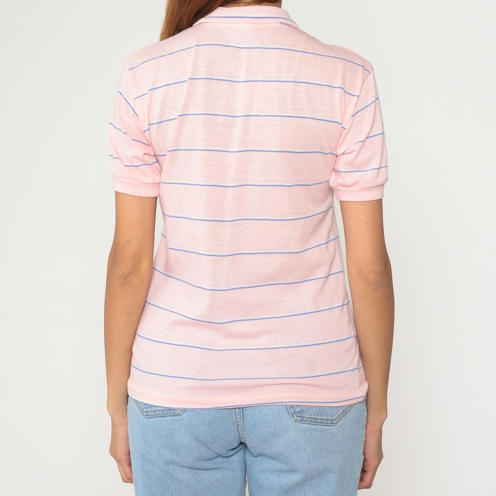 80s Le Tigre Polo Shirt Pink Blue Stripe Cotton Short Sleeve Small S